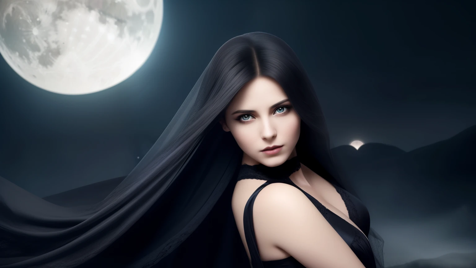 A beautiful and alluring vampire girl awakens from a deep slumber, her flowing hair cascading around her angular features. Her seductive, incolor eyes reflect her inner calmness and confidence, with a hint of predatory glow, alluding to her insatiable craving for blood. Her erotic clothing, modern yet timeless, speaks to the long history of human life as she rouses from her dream. The background is draped in shadow, with just a hint of moonlight piercing the darkness in the gothic art style. Her skin is flawless and pale, with a subtle touch of supernatural elegance, and her deep, captivating eyes exude an aura of