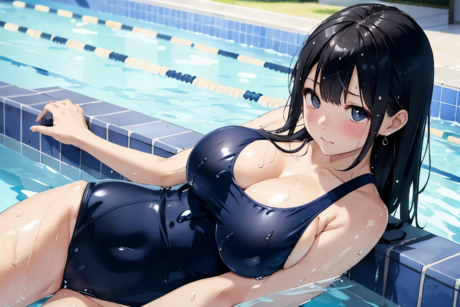 beautiful girl、high school girl、wet black hair、Shy expression、blush、Navy blue school swimsuit、big breast body shape、Japan School Pool、Water Drop、Wet Skin、Wet swimsuit