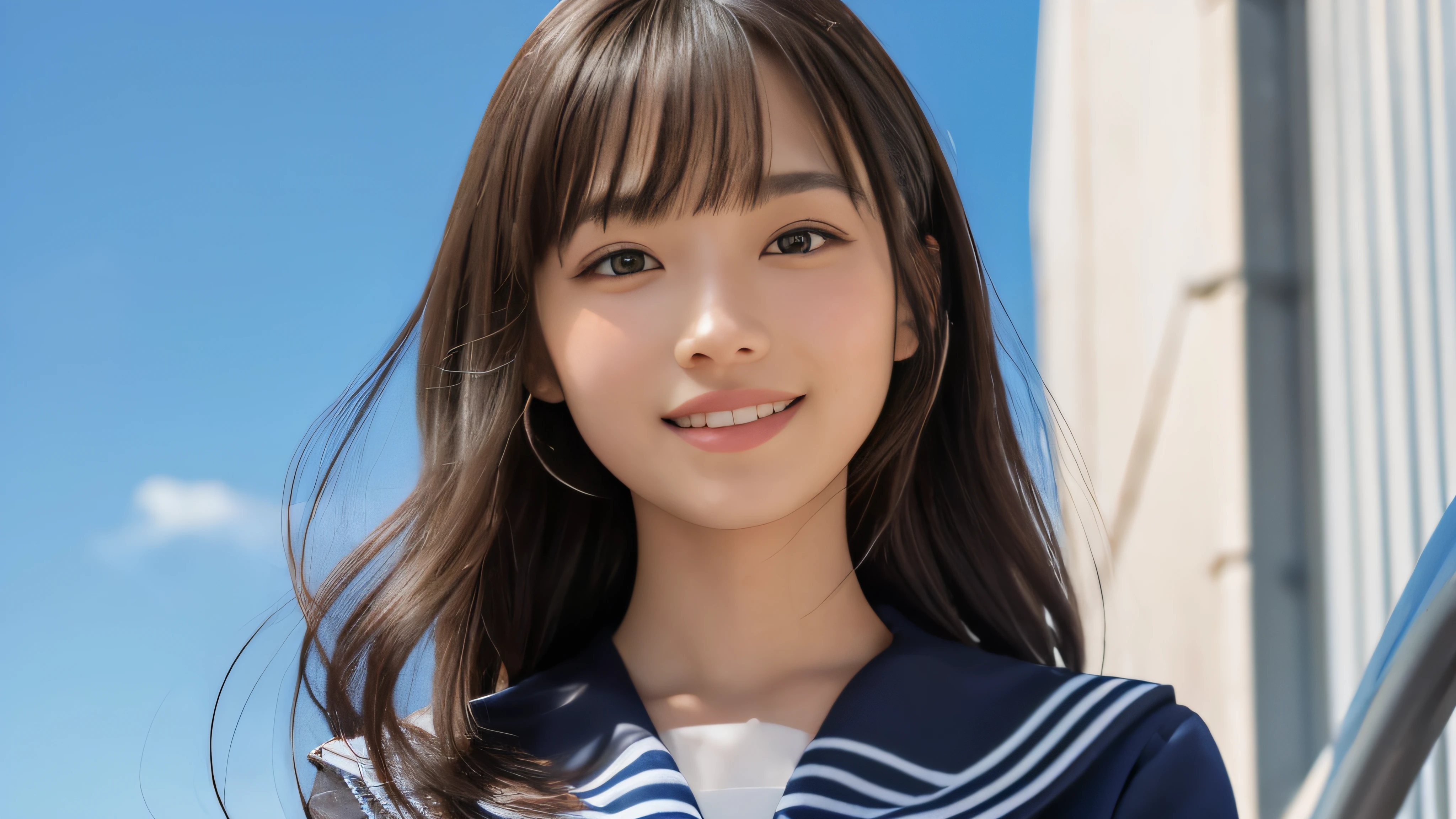 (Realistic: 1.4), (highest quality: 1.4), (Fine grain), Full body shot, ((Under the blue sky)), ((Looking Up)), ((One high school girl)), Black wavy hair, ((Sailor suit)), Wide eyes, Blushed face, ((smile)), Highly detailed face and skin texture, Healthy Skin, 8k resolution