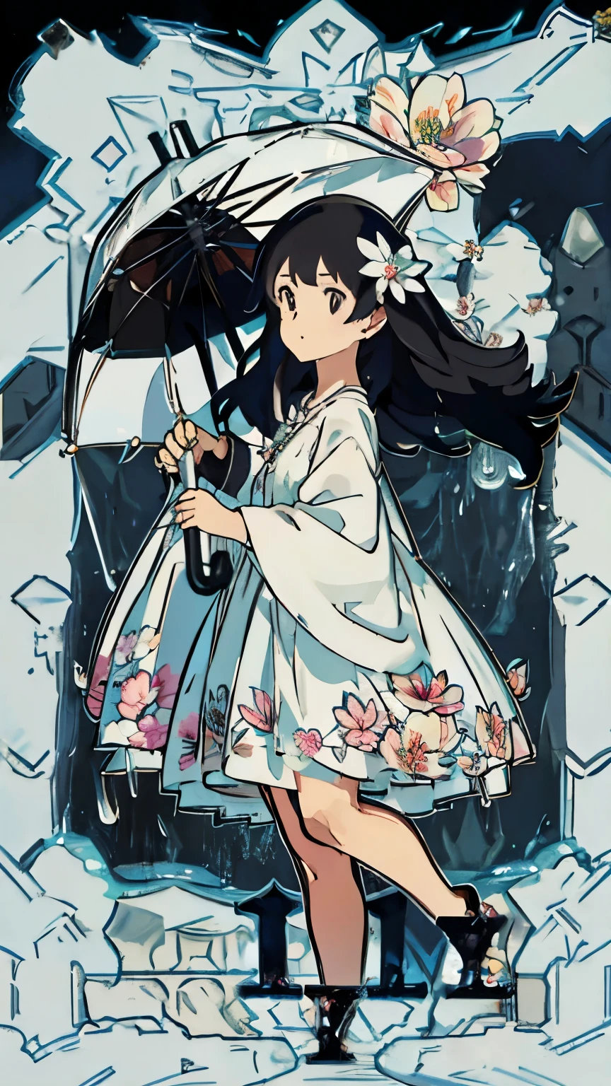 A black-haired woman dressed in a white dress in a flower garden in rainy weather and her umbrella