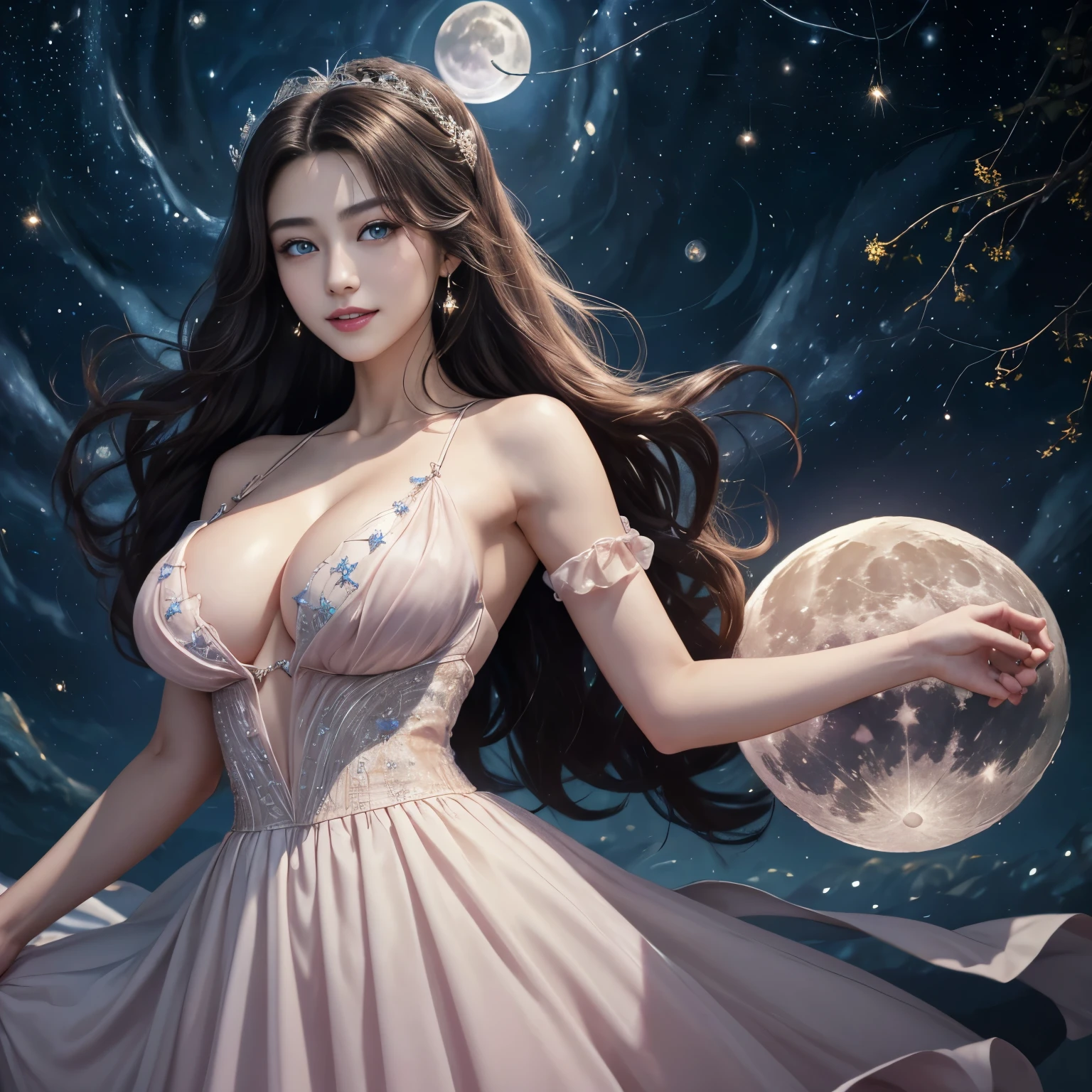 masterpiece,highest quality,Highest Resolution,Highest quality,16k raw photos:1.5,Hyperrealistic:1.5、Physically Based Rendering、Portraiture,self-portrait、(Dark Night,full moon)、Super Beautiful One Girl,23 years old,Fine big blue eyes,Clear lapis lazuli eyes,Thin eyebrows,Eye highlights、Dark brown shiny hair,Princess Cut,Braiding,Curly Hair,Double Ball Head、Highly detailed face and skin texture、Sharp focus,Clear focus:1.2、Slender beauty:1.4,((Beautiful breasts:1.5)),Slim Abs、Oval Face,Pale pink lips,Lip gloss,Distinct facial features,A kind smile,Earrings、Are standing、(((Princess Dress,Party Dresses)))、Swaying in the wind,Ruffle Up,Exposing shoulders,No shoulder strap,Sleeveless,No arm covers,Off the shoulder、((Starry Night,蒼白く輝くfull moon:1.4))、(((Beautiful and white teeth)))、Sparkling eyes,Sparkling eyes、Lip glossでピンク色の艶やかな唇に、
