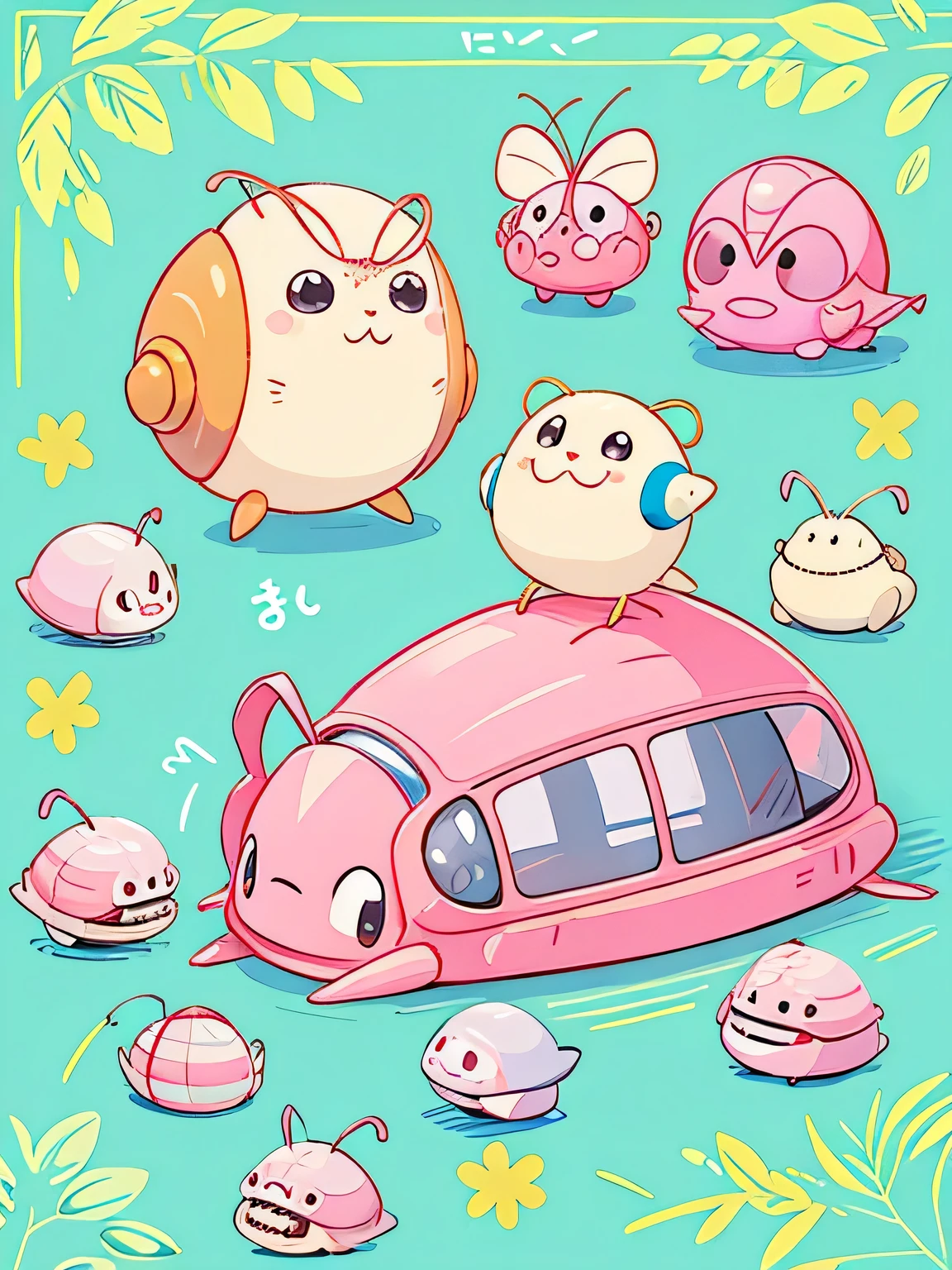 Momoko Sakura style, Kawaii Design, Chibi, Talking to the pillbug、Lots of friendy friend is a pillbug、lovely colorful pillbug