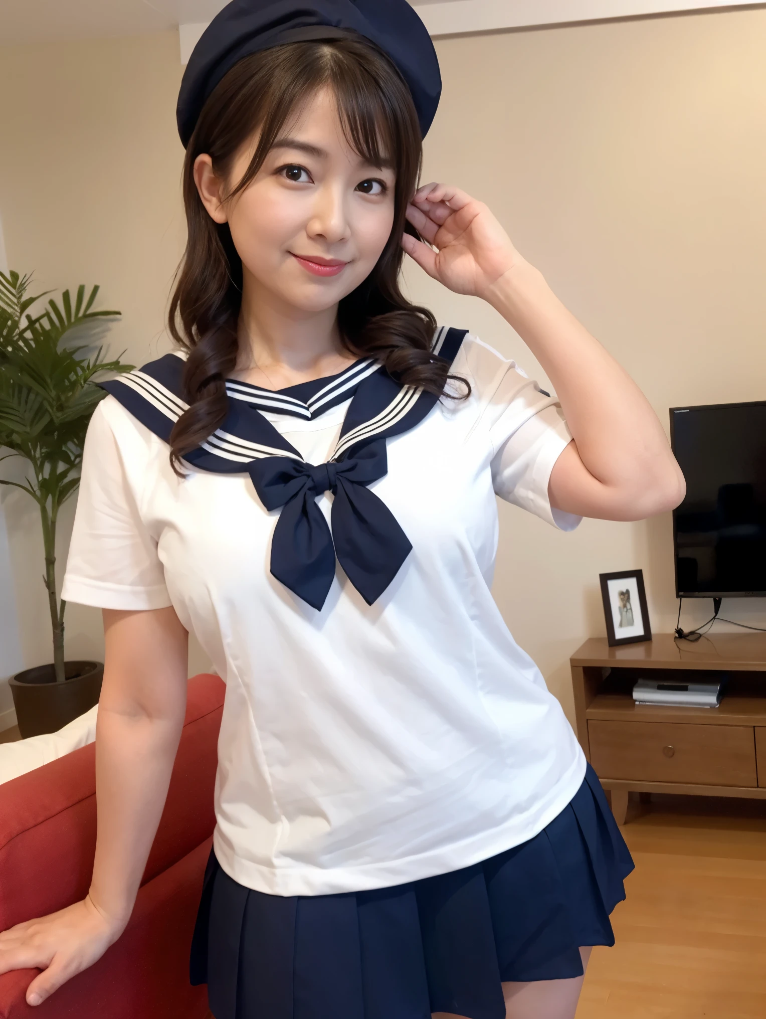  housewife, 32 years old, height: 158cm, ((In the living room)), ((cute:1.4)), Clean atmosphere, clear, Big Breasts, Hard breasts, Big Ass, (Thick lips), Curvy body type, Beautifully styled hair, (High school girl in sailor uniform:1.2), Medium Short, (Red ribbon:1.2)