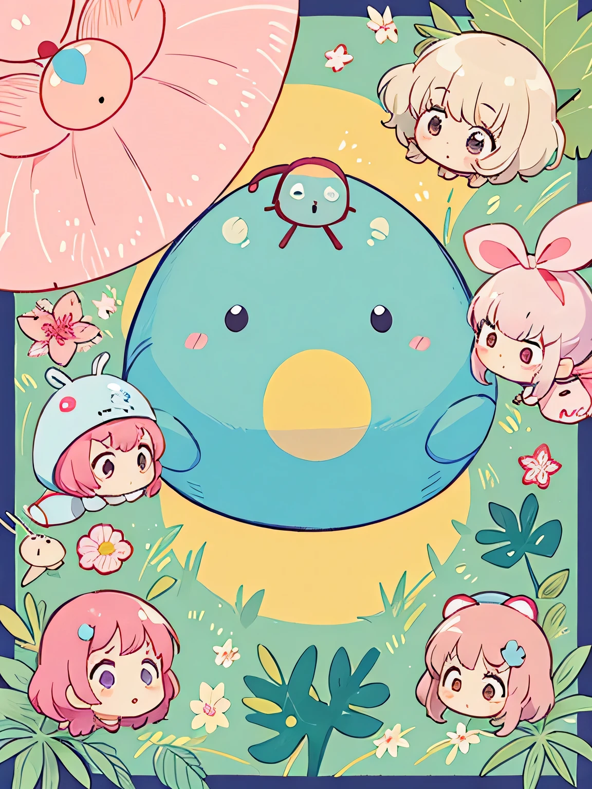 Momoko Sakura style, Kawaii Design, Chibi, Talking to the pillbug、Lots of friendy friend is a pillbug、lovely colorful pillbug