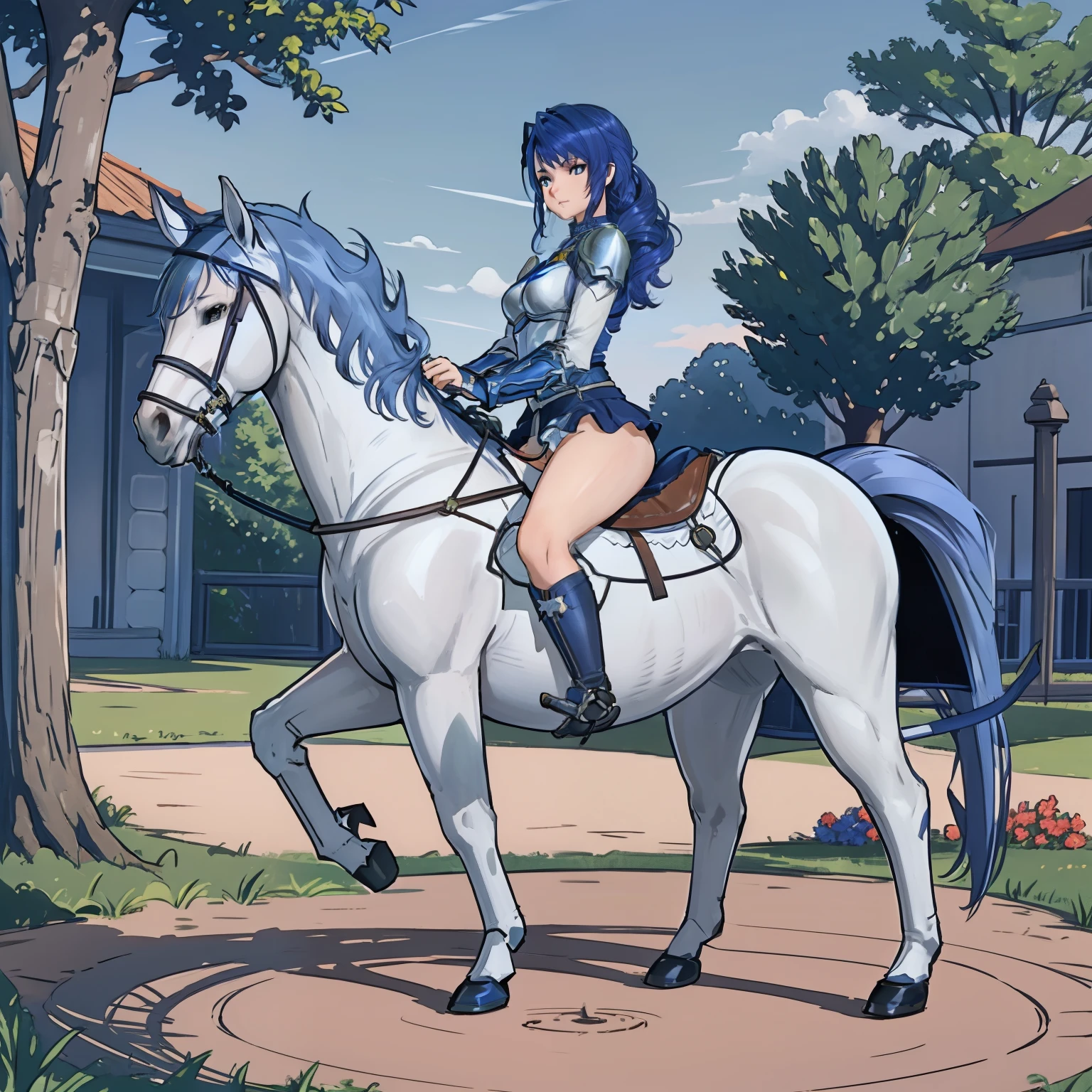 ((best quality)), ((anime masterpiece)), (detailed), 8k, perfect face, female knight, from side, long hair, female knight, (blue armor, blue miniskirt, blue boots), horseback riding, horse riding, solo, (white horse, saddle, stirups, reins: 1.5), walking: 1.5, forest, scenery, from side: 1.5, anatomically correct, trails