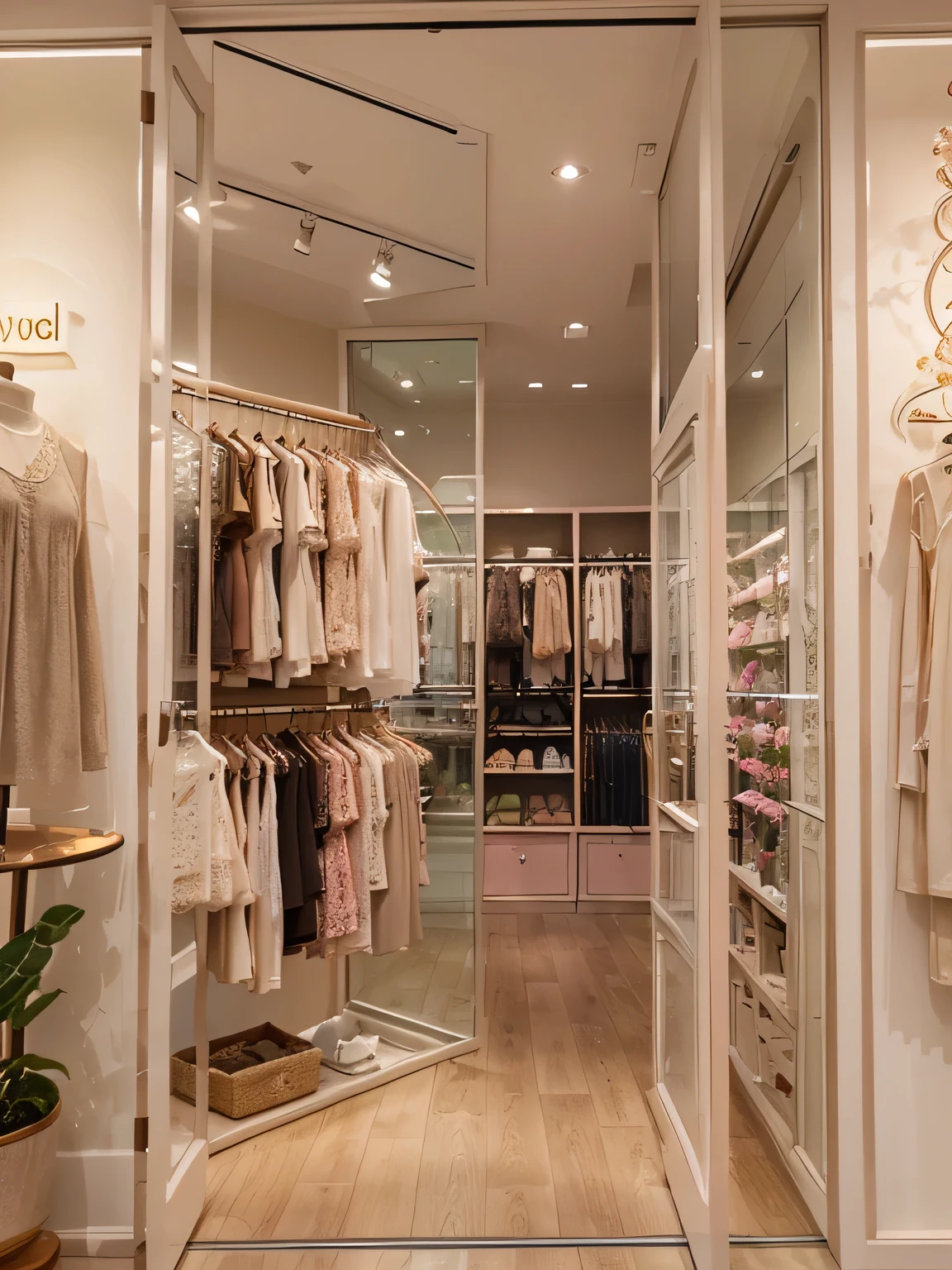 clothing store, made with sustainable lotus flower fiber material, store window, clear and visible colors, modern and young, clear and harmonious colors, pink, beige, cream, marsala, brown , with lotus flowers in decoration , large and stylish store