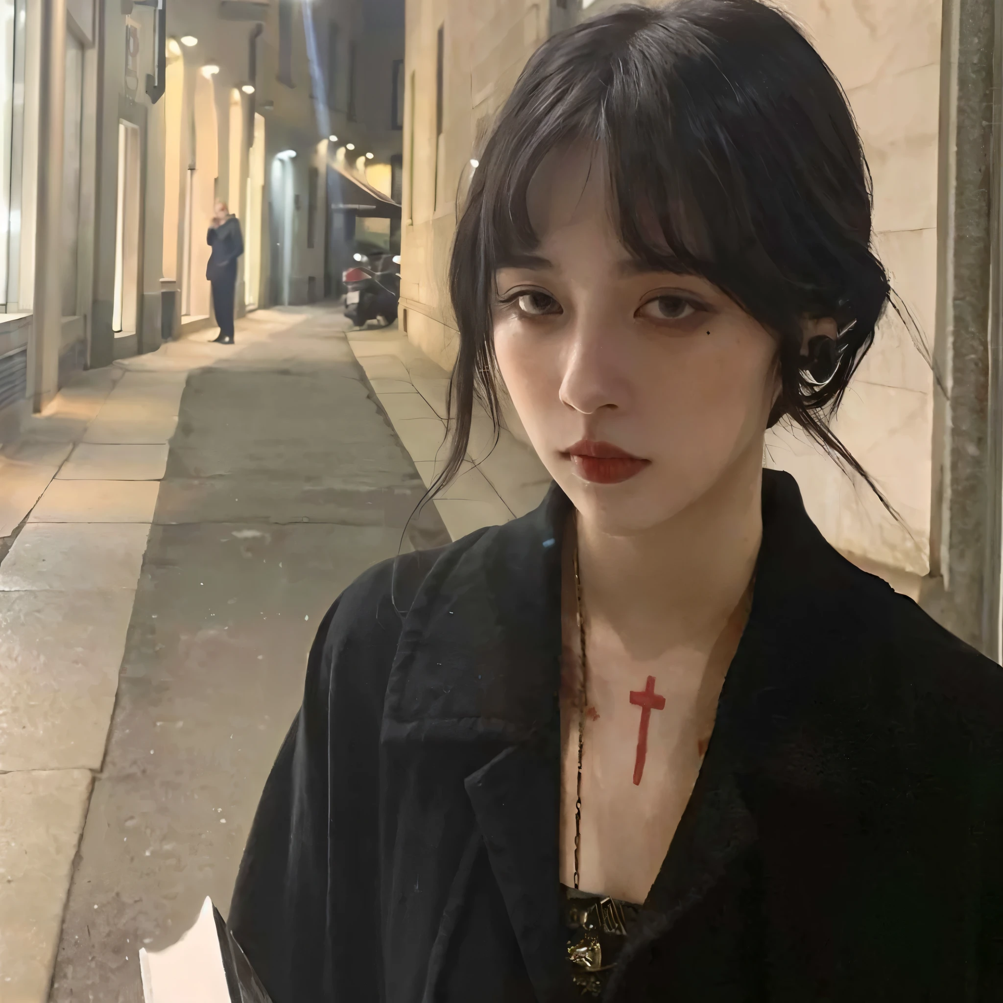 A woman with a cross on her chest stands on the sidewalk, cruel korean Goth girl, Ulzan, Goth girl aesthetic, Gothic aesthetics, gothic horror vibes, Gothic aesthetics, Goth girl, She has black hair，With bangs, 1 7 - year - old Goth girl, ominous Gothic aesthetics, 1 7 - year - old anime Goth girl