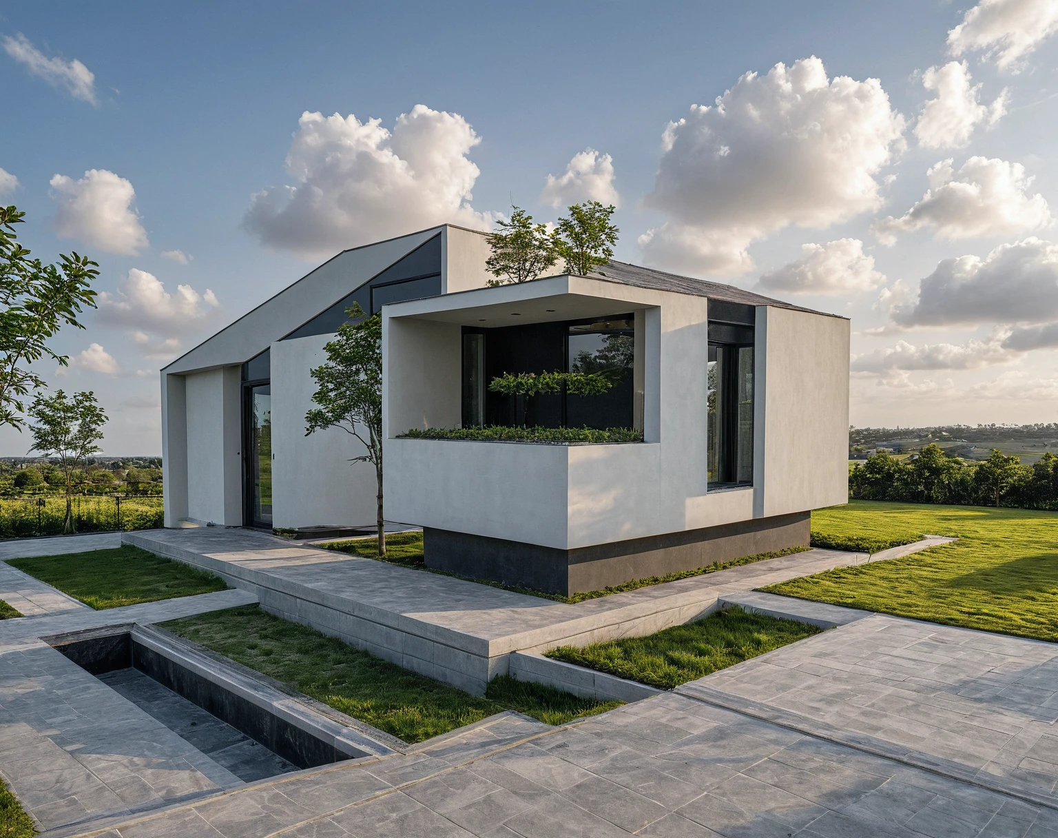 Masterpiece, high quality, best quality, authentic, super detail, outdoors, onestoreyvillaXL, aiaigroup, house style modern on the street ,stairs, white wall ,road,pavement, grass, trees, sky, cloud, (daylight:1.1)