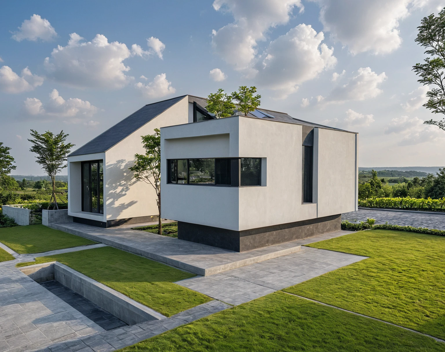 Masterpiece, high quality, best quality, authentic, super detail, outdoors, onestoreyvillaXL, aiaigroup, house style modern on the street ,stairs, white wall ,road,pavement, grass, trees, sky, cloud, (daylight:1.1)