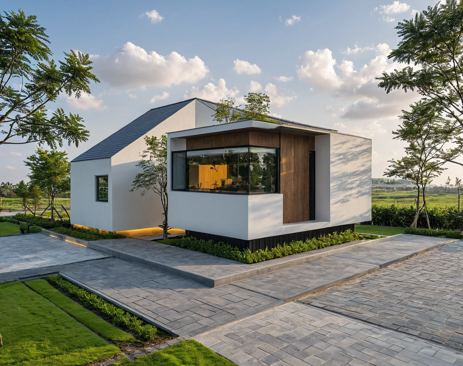 Masterpiece, high quality, best quality, authentic, super detail, outdoors, onestoreyvillaXL, aiaigroup, house style modern on the street ,stairs, white wall ,road,pavement, grass, trees, sky, cloud, (daylight:1.1)