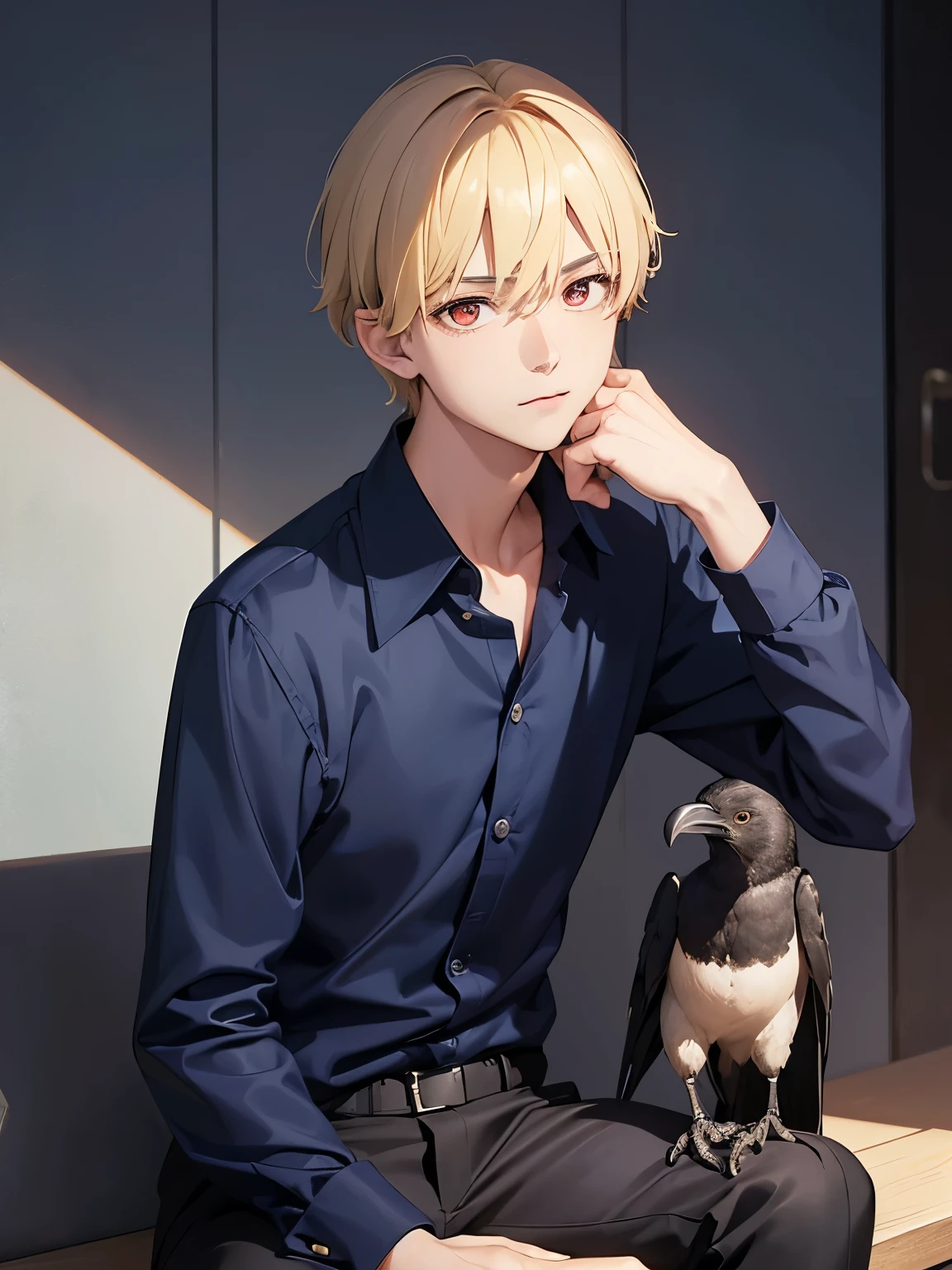 1boy,handsome,15 years old,Sitting, holding a bird, a crow,,half body photo,Perfect face, HD face, ultra detailed face, short hair,two block hairstyle, blonde hair,blue shirt, top buttons open, long sleeve shirt,, black trousers, bright red eyes,ultra detailed, ultra HD