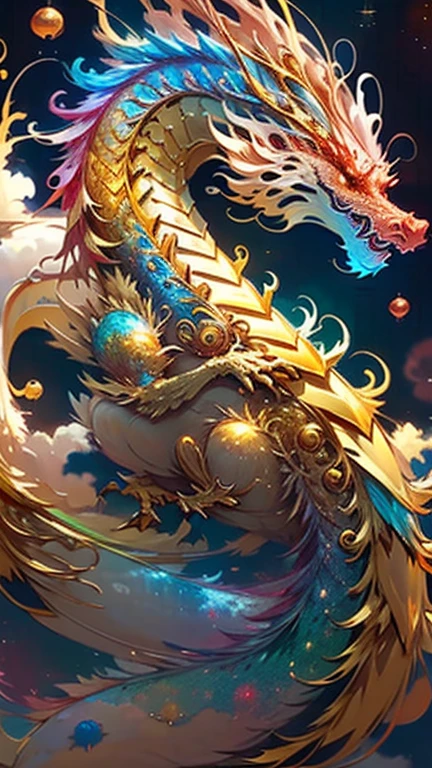 Golden Dragon。Rainbow glowing scales。龍god降臨。Golden Splash、milky way、god々々right、Staring straight ahead、Redbeard