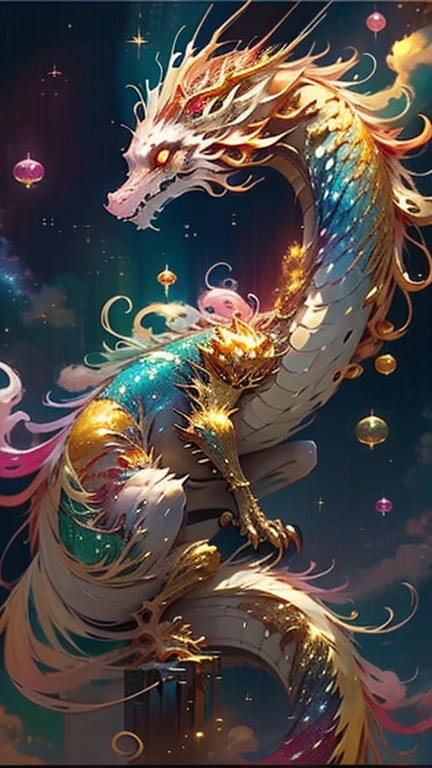 Golden Dragon。Rainbow glowing scales。龍god降臨。Golden Splash、milky way、god々々right、Staring straight ahead、Redbeard