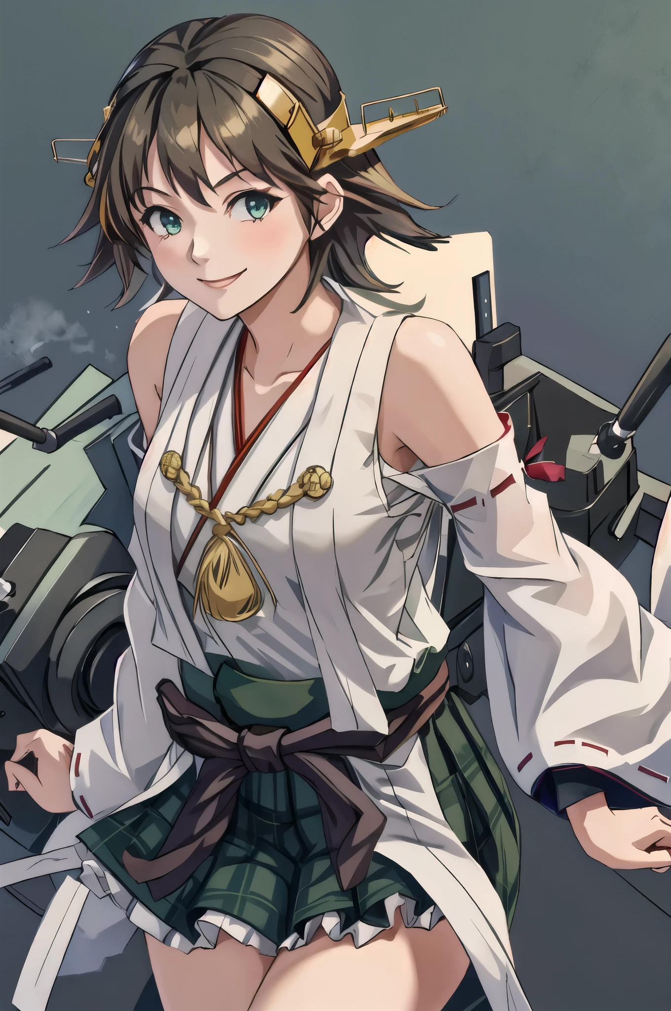 highest quality, masterpiece, High resolution, alone, {Hiei_Kantai Collection:1.15}, オレンジ色hair, hairband, headgear, Non-traditional_Miko, smile, green_eye, Inverted up_hair, smile, One Girl, Dependent_sleeve, green_skirt, Plaid, Plaid_skirt, ribbon-trimmed_sleeve, ribbon_trim, skirt, Office Background,