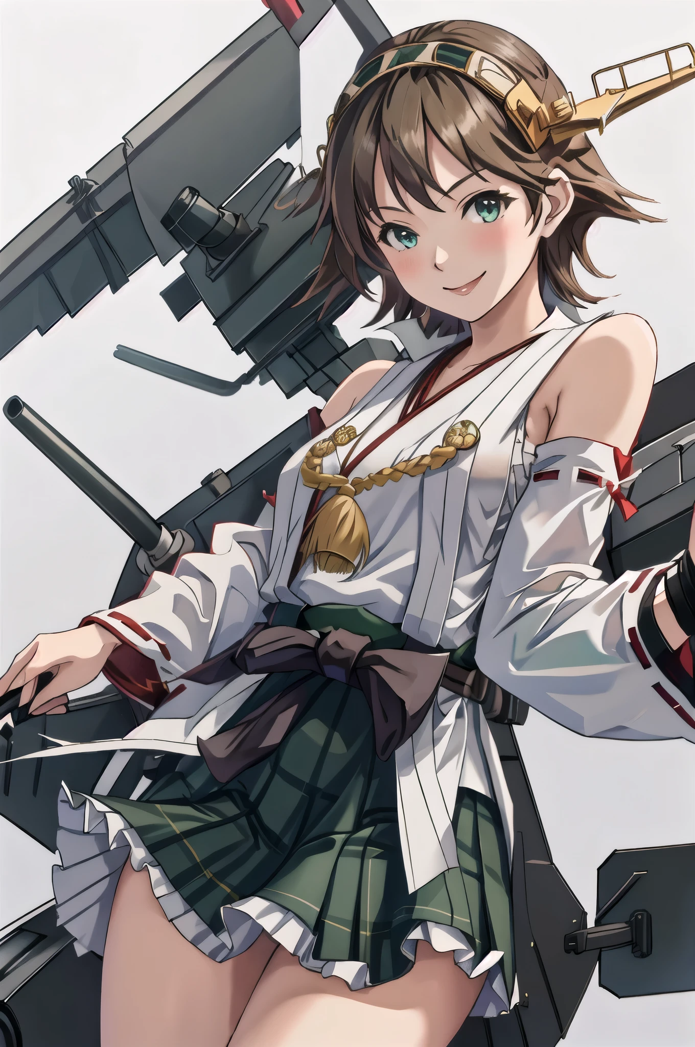 highest quality, masterpiece, High resolution, alone, {Hiei_Kantai Collection:1.15}, オレンジ色hair, hairband, headgear, Non-traditional_Miko, smile, green_eye, Inverted up_hair, smile, One Girl, Dependent_sleeve, green_skirt, Plaid, Plaid_skirt, ribbon-trimmed_sleeve, ribbon_trim, skirt, Office Background, 