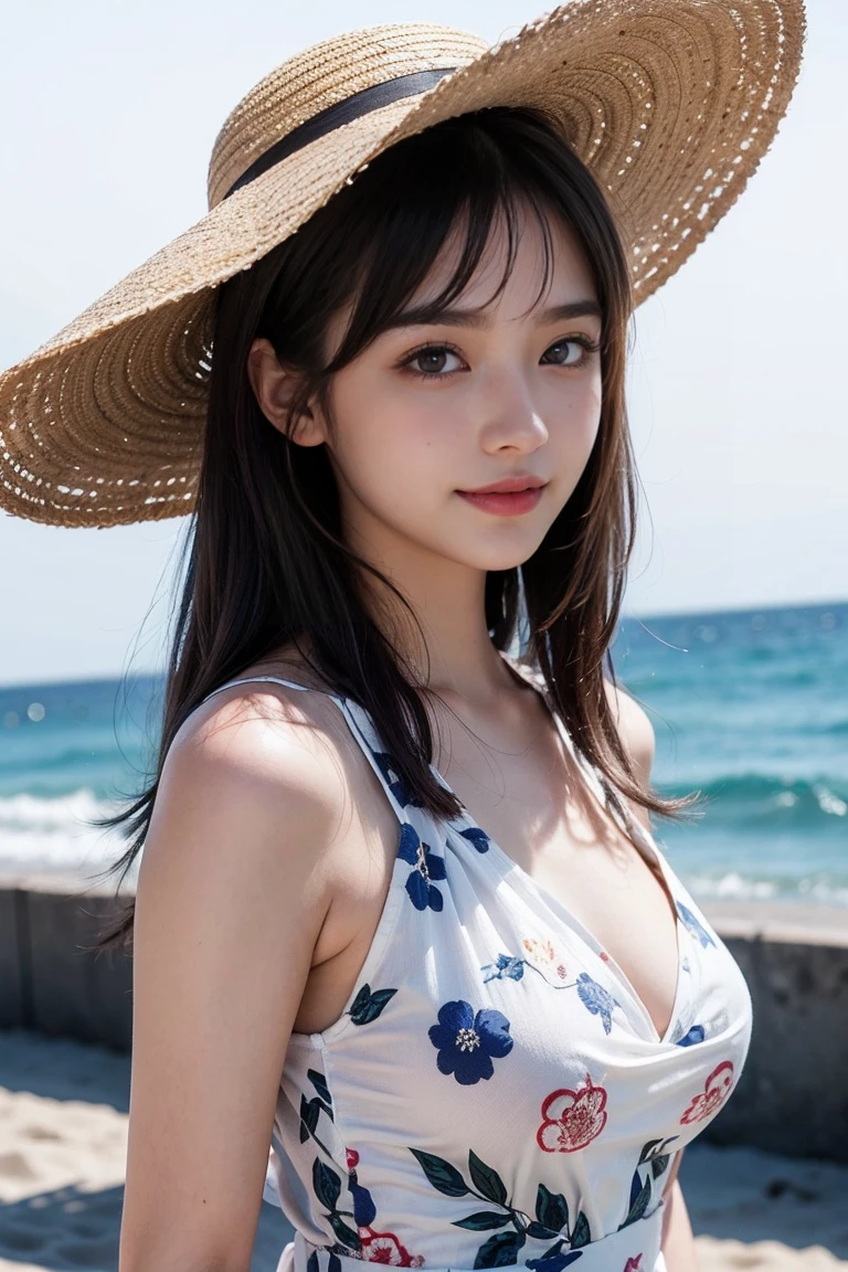 a photo portrait of aika-sawaguchi, A gentle smile, bikini, beach,