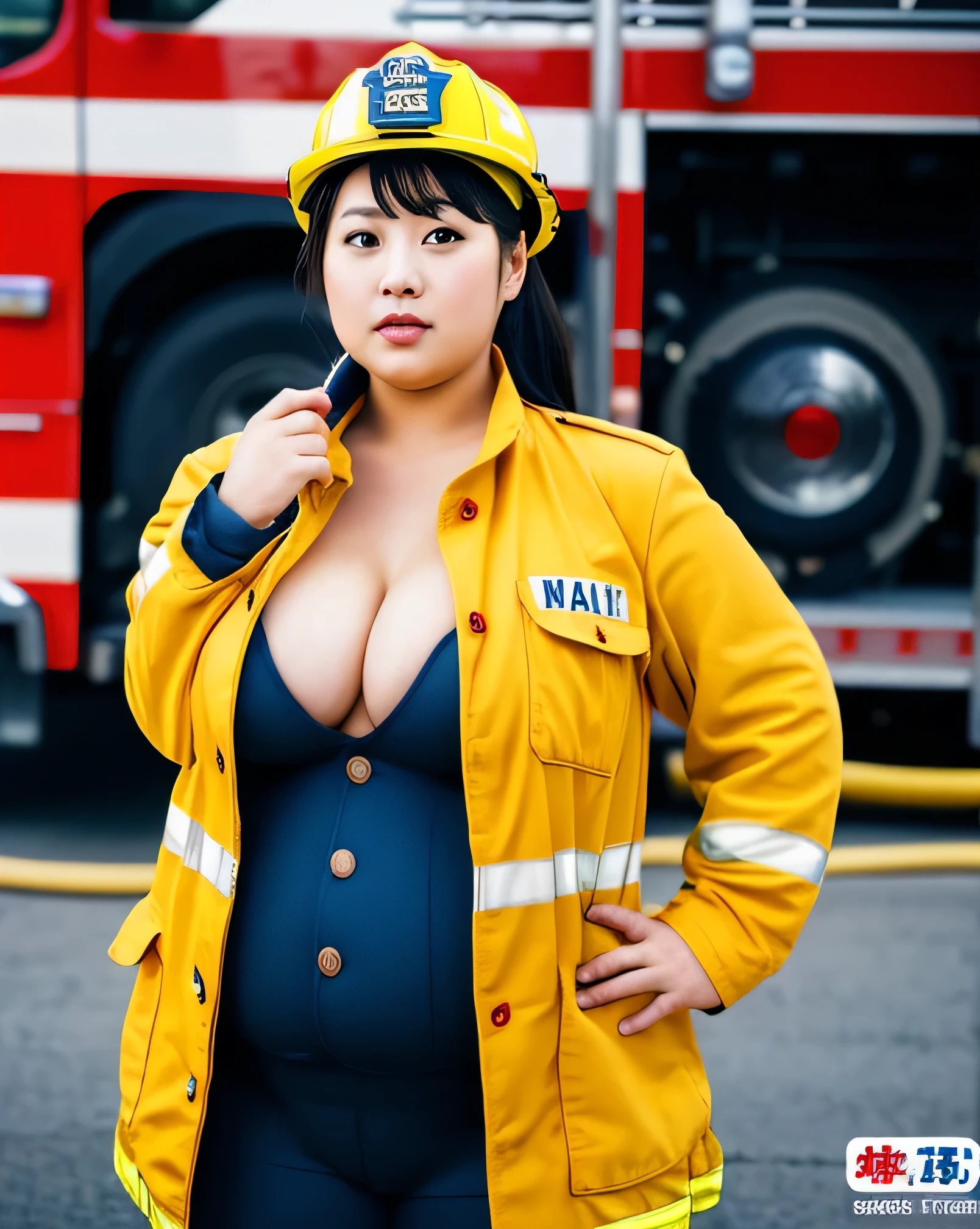 1 female, ((Overweight)), ((Extremely fat)), ((Chubby)), Japanese, ((firefighter wear_uniform)), nipple, cleavage, 4k, High resolution, masterpiece, highest quality, on the ring