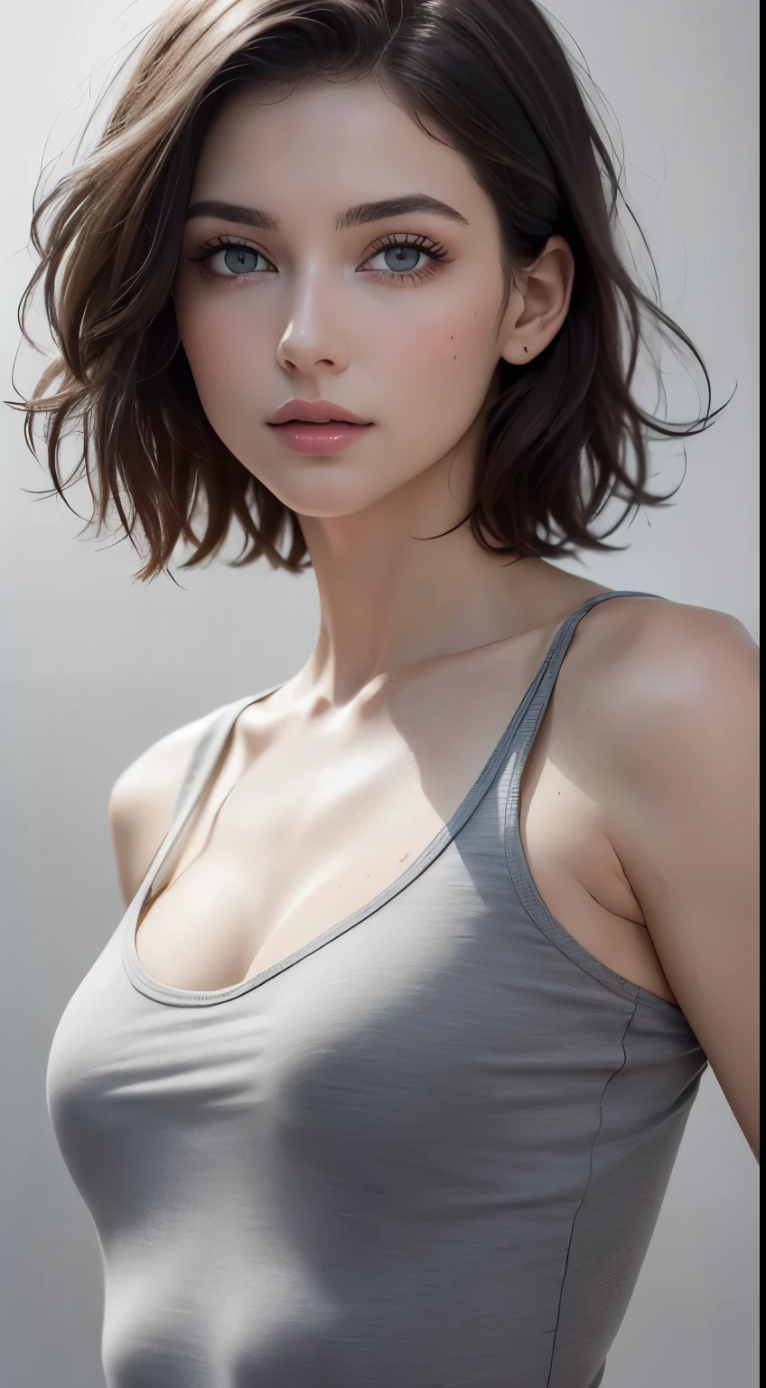 8K uhd、RAWphotograph、モデルphotograph撮影、 European race、(masterpiece、highest quality、Photorealistic、High resolution、photograph:1.3)、Close-up、Focusing、Hot Model、slim、30 year old mature woman、Small face、No makeup、Short Hair、Dark Brown Hair、Fine beautiful eyes、Realスキン、(perfect body)、Sexy hot face、Erotic、Sexual gaze、slim、Sweat top、Detailed beautiful eyes、Glossy lips、Small breasts、Small breasts、Bust B cup、((Bright light、Dynamic lighting、Real、超Real、 realism、Realなディテール、Cool beauty、Cool pose、Background gray、Plain grey background