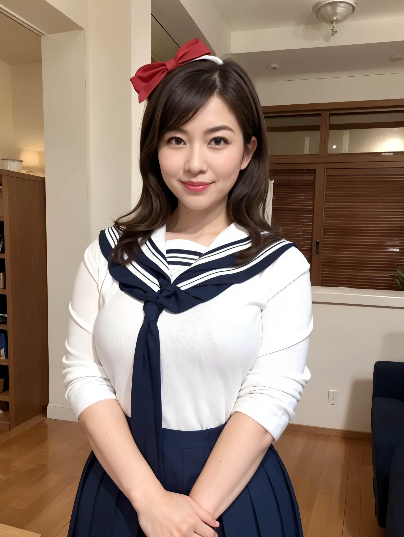  housewife, 32 years old, height: 158cm, ((In the living room)), ((cute:1.4)), Clean atmosphere, clear, Big Breasts, Hard breasts, Big Ass, (Thick lips), Curvy body type, Beautifully styled hair, (High school girl in sailor uniform:1.2), Medium Short, (Red ribbon:1.2)