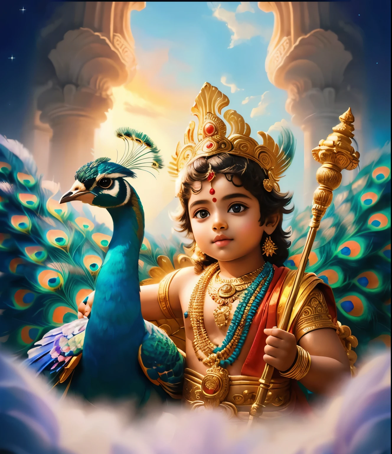 a close up of a one  holding a peacock in front of a sky, indian god, vishnu, muruga trending ，, by Thota Vaikuntham, hindu god, adorable digital painting, cute boy, archan nair, young goddess, serene expression, devainart, closeup portrait shot, very beautiful photo, innocence, beautiful digital artwork, professional photoshop artwork