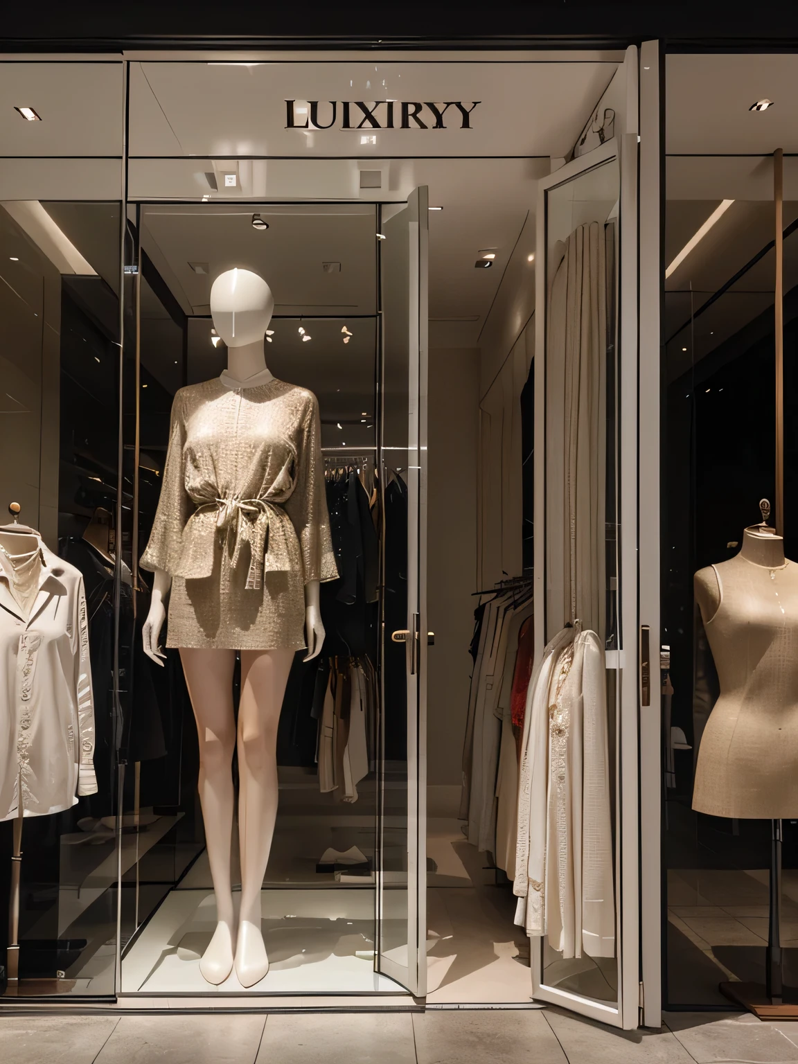 luxury clothing store, made with sustainable lotus flower fiber material, store window, clear and visible colors, modern and young