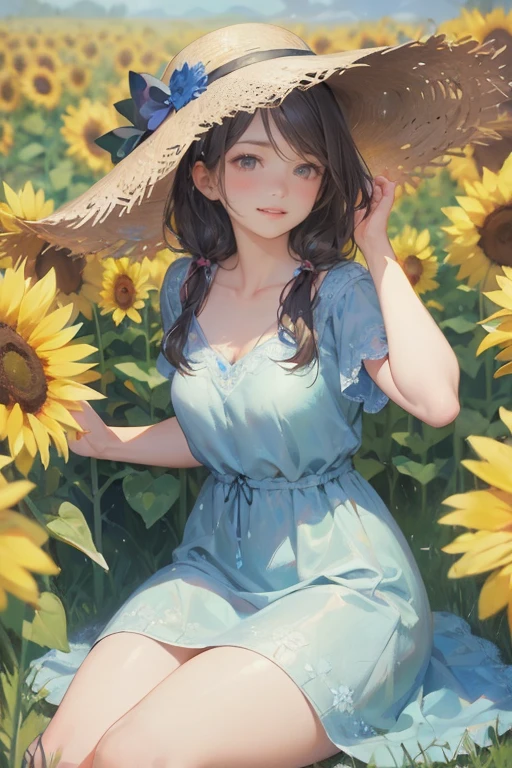 masterpiece:1.2, 8k, photorealistic:1.37, cute girl, sparkling eyes, shining lips, beautiful detailed eyes, beautiful detailed lips, long eyelashes, flowing hair, joyful expression, vibrant dress, sitting on a grassy field, surrounded by colorful sunflowers:1.2, wearing a stylish hat, a warm and sunny day, soft natural lighting, vivid colors, medium: oil painting, ultra-detailed, realistic, bokeh, dynamic action,