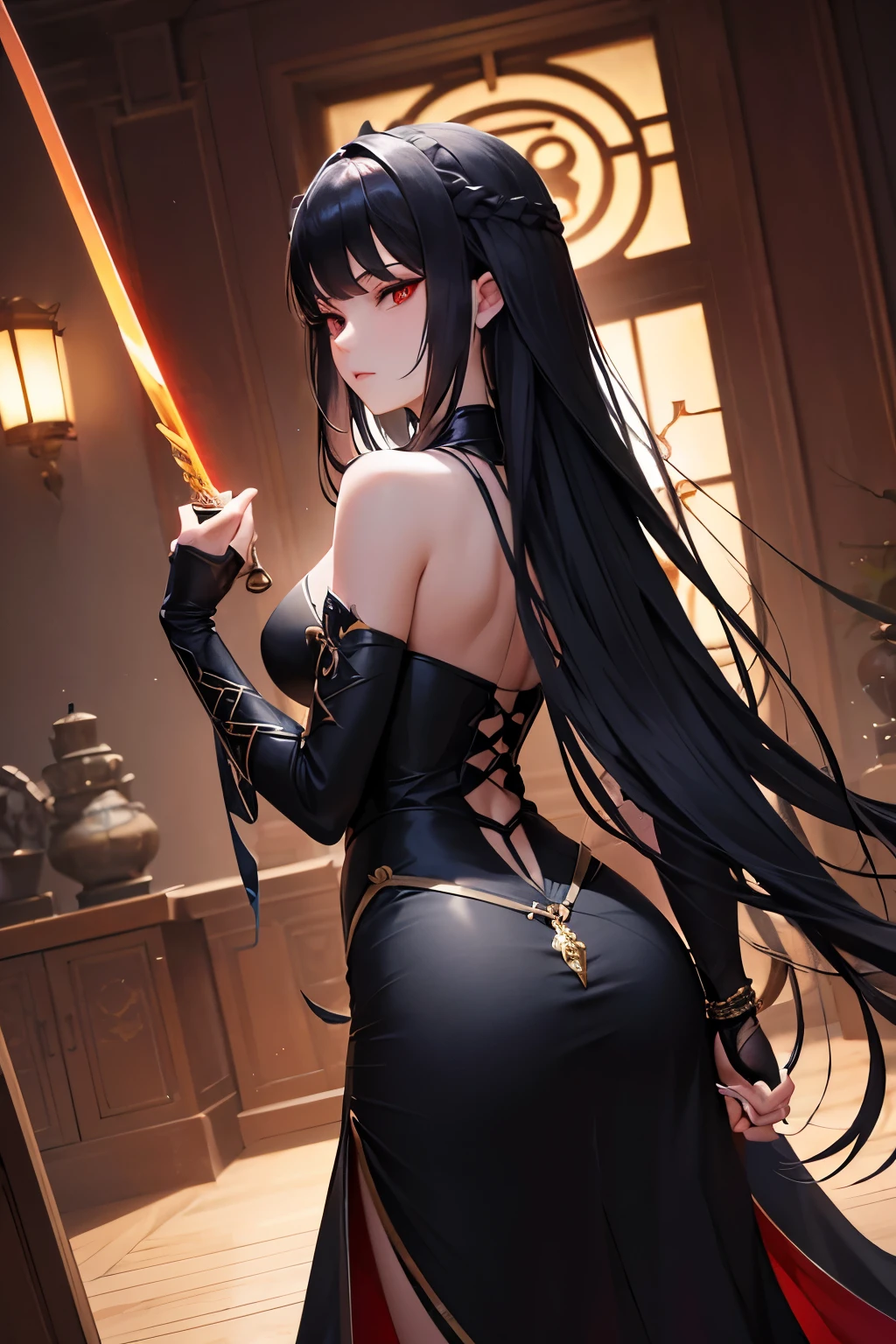 Behold, a masterpiece of best quality in 4K resolution, a sots art creation by the renowned artist Lü Ji. This concept art presents a close-up image of a person, their hand wrapped firmly around the hilt of a sword. Their long, flowing black hair cascades down their back, creating an alluring contrast against the stylized border.

At the heart of this riveting scene lies the omnipotent assassin, their fiery eyes betraying an intensity that knows no bounds. Having taken the role of a yandere, they now reside within their own temple, prepared for battle in this vanguardist alternate timeline.

This crisp,