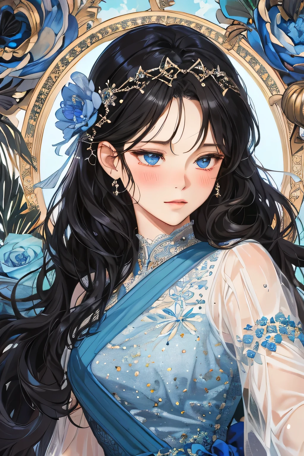 (extreamly delicate and beautiful:1.2), 8K,(masterpiece:1.0),(best_quality:1.0), 1 girl, and intricate detailing, Enlarged textures, and intricate detailing, finely eye and detailed face, and intricate detailing, shiraga, black curls long hair, (closed mouths), Perfect eyes, Equal eyes, blue ice eyes (A famale god) with short Flared Mid-Length Dress, look at camera, look 50 years old, blush
