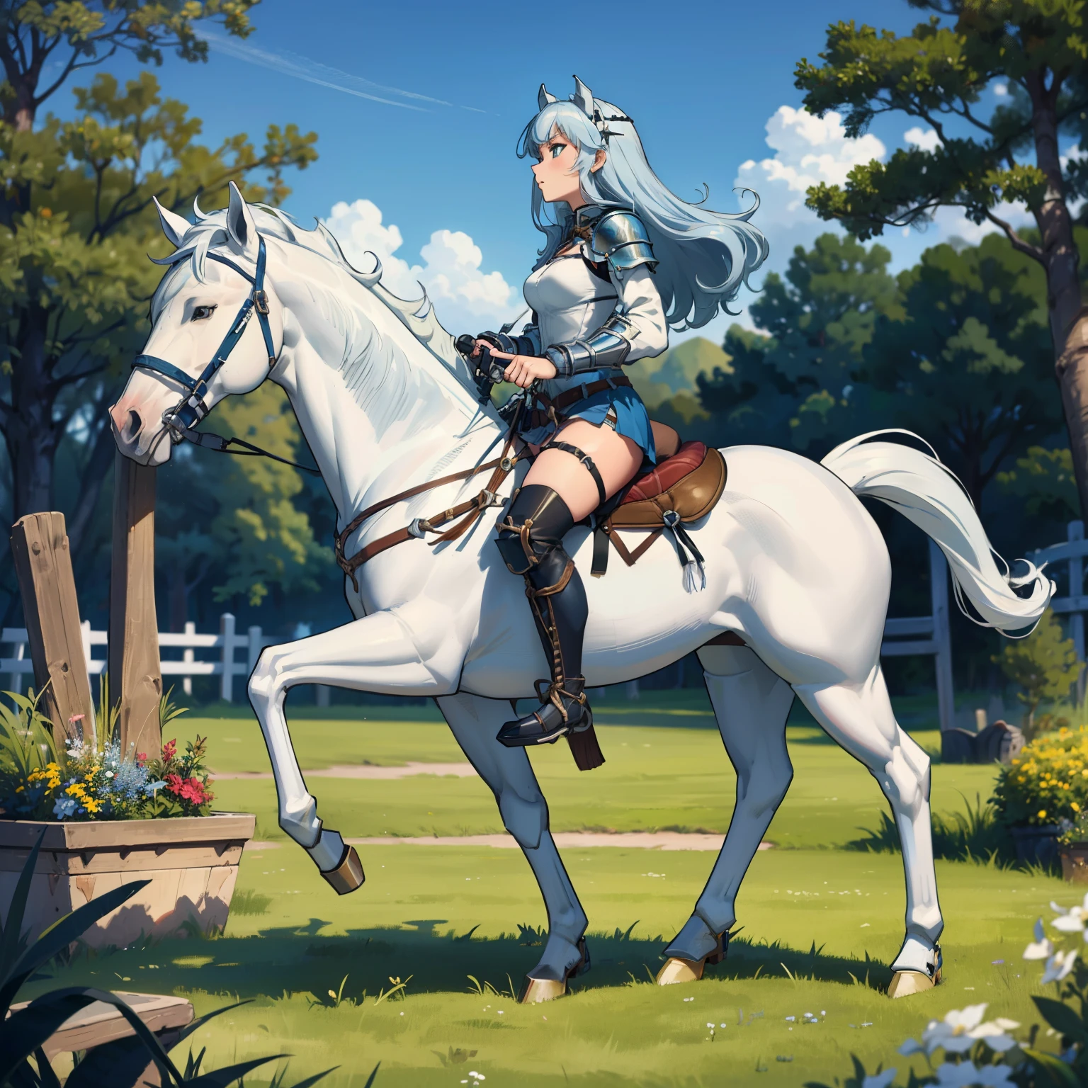 ((best quality)), ((anime masterpiece)), (detailed), 8k, perfect face, female knight, from side, long hair, female knight, (blue armor, blue miniskirt, blue boots), horseback riding, horse riding, solo, (white horse, saddle, stirups, reins: 1.5), walking: 1.5, forest, scenery, from side: 1.5, anatomically correct, trails