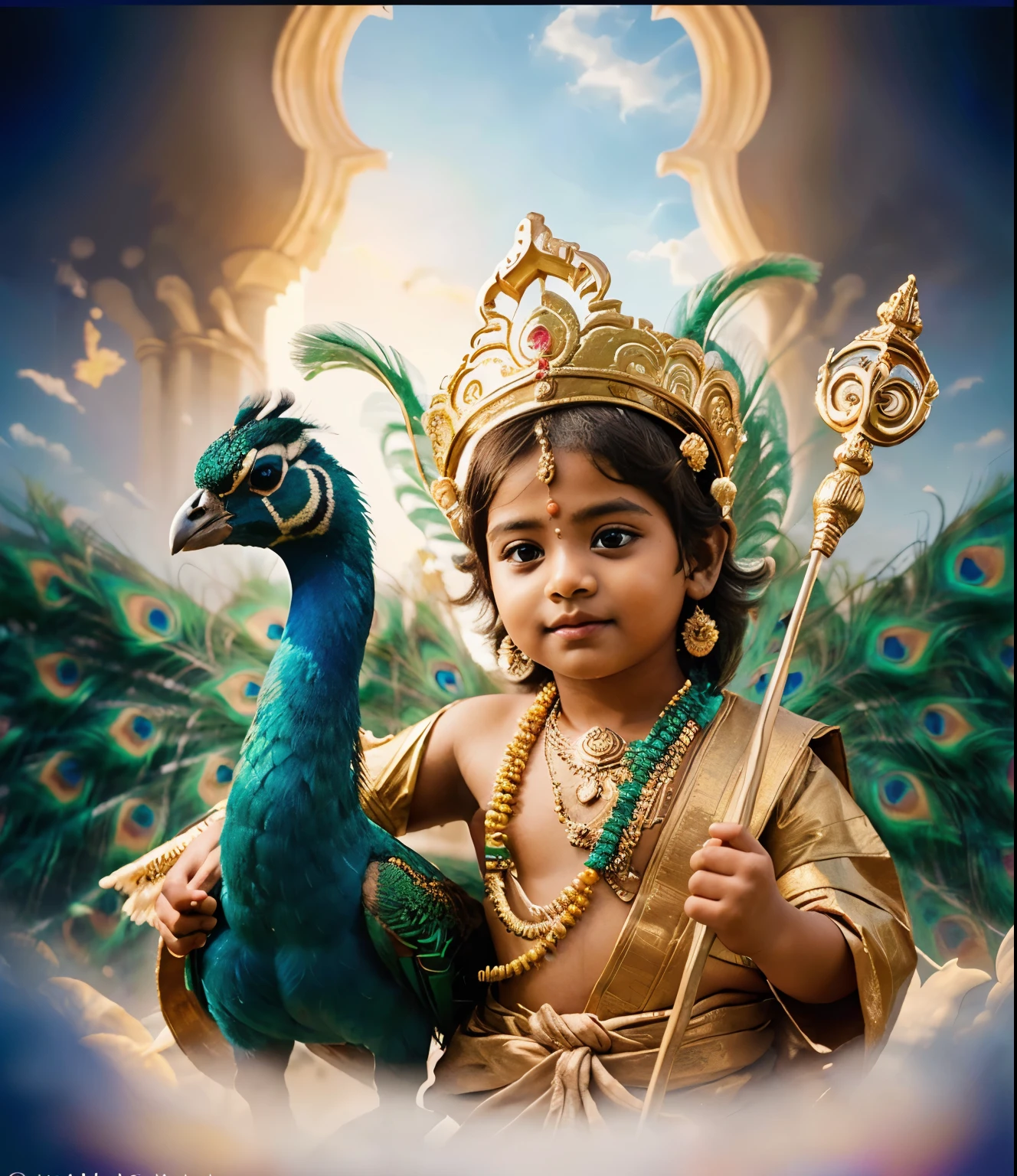 a close up of a one  holding a peacock in front of a sky, indian god, vishnu, muruga trending ，, by Thota Vaikuntham, hindu god, adorable digital painting, cute boy, archan nair, young goddess, serene expression, devainart, closeup portrait shot, very beautiful photo, innocence, beautiful digital artwork, professional photoshop artwork