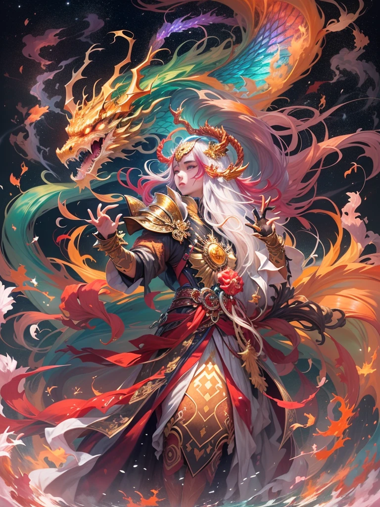 Golden Dragon。Rainbow glowing scales。龍god降臨。Golden Splash、milky way、god々々right、Staring straight ahead、Redbeard