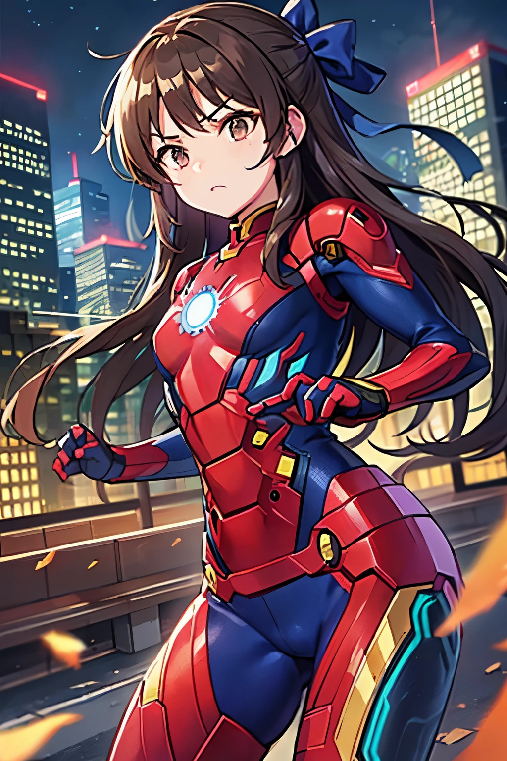 、child、Long Hair、((Smallsts、Small breasts、child体型、Angry、injured body、Bibbon))、((damaged iron man suit、Crotch crack))、City of night、Rooftop、Boxing stance、8 year old 、Realistic body、battlet the enemy、A body covered in scars、Struggled、Sweating profusely