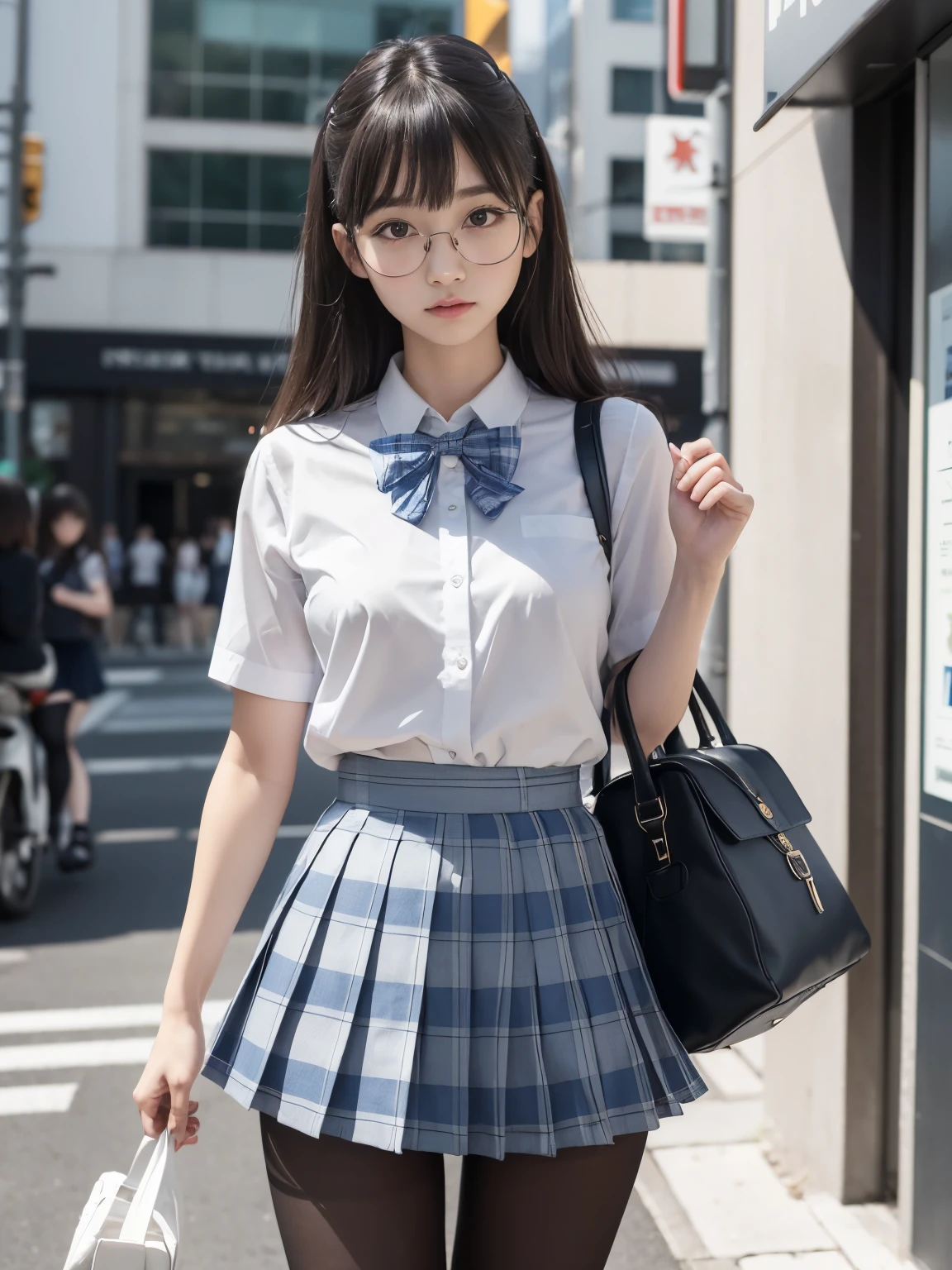 (Underwear is visible),（8K、Raw photography、top-quality、​masterpiece：1.2),glamor,Chromo-white skin,cocky,School,watching at viewers,Looking at the front,Muchimuchi,Erotic,Pupils,de pele branca,kne,Student Bag((Black pantyhose)),absurderes,a small face,,flat breast,Parting the bangs from the middle、Forehead visible,(a cold expression,Tight eyes,glares,Bullish,skinny,Rasping,irate)、​masterpiece,top-quality、超A high resolution,Raw photo,ren,Beautiful fece,One Person, solo,eye glass,,Dark look,Small breasts,fullllbody,Round glasses,JK ,hi-school girl,A Japanese Lady,is standing,（Photorealsitic：1.37）、Photon mapping,Realistic、Beautie,Cute little face,Brown-eyed、Black socks、(Red bow tie)、Radio City、Physically Based Rendering、depth of fields、Blurry background、a picture,Body,beauty legs, Long legs, Thin leg,(Bangs are visible), hair, s lips, Blue_The eye, nosesoft,(Light blue shirt), (Navy and blue and white plaid pleated skirt), Knees are visible,Sheer clothing,, Thigh, Black cotton socks,Nogizaka Idol, , Japanese ido