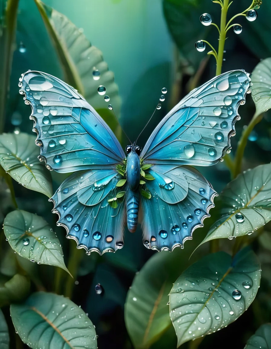 Transparent water drops,cute,Smile,Happy blue butterfly,whole body,Dynamic posture,Background is green plants