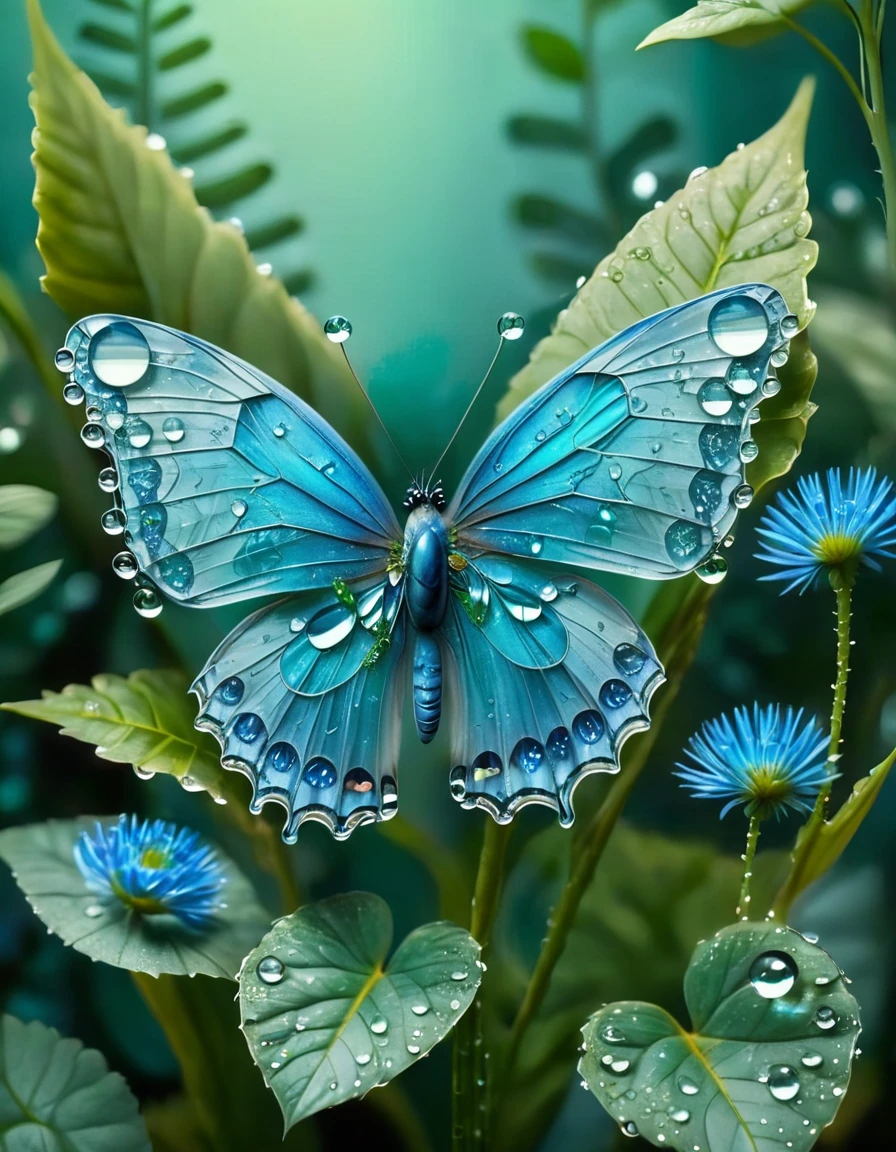 Transparent water drops,cute,Smile,Happy blue butterfly,whole body,Dynamic posture,Background is green plants