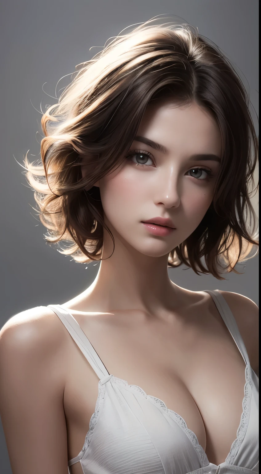 8K uhd、RAWphotograph、モデルphotograph撮影、 European race、(masterpiece、highest quality、Photorealistic、High resolution、photograph:1.3)、Close-up、Focusing、Hot Model、slim、30 year old mature woman、Small face、No makeup、Short Hair、Dark Brown Hair、Fine beautiful eyes、Realスキン、(perfect body)、Sexy hot face、Erotic、Sexual gaze、slim、Detailed beautiful eyes、Glossy lips、Small breasts、Small breasts、Bust B cup、Bright light、Real、超Real、 realism、Realなディテール、Cool beauty、Cool pose、Background gray、Plain grey background