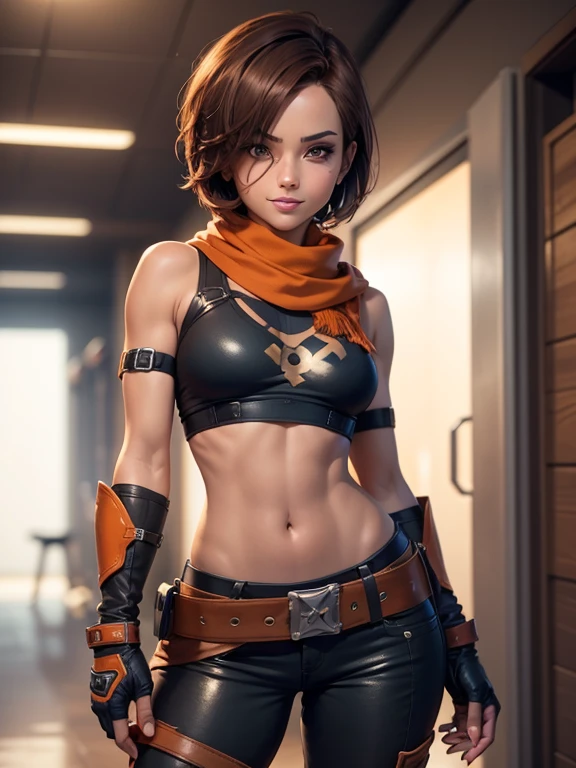 4k, comic babes, Kinessa, short brown hair, red eyes, toned, orange scarf, Band-Aid on cheek, fingerless gloves, skull belt, boots, crop top, pants, 1 girl, Alone, front viewer, looking to the viewer, smile
