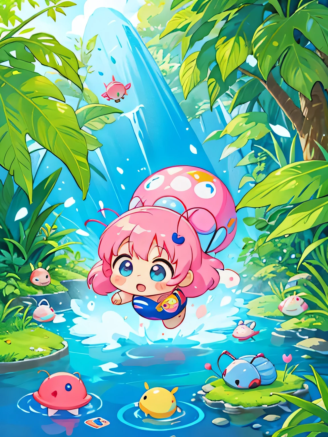 Momoko Sakura style, Kawaii Design, Chibi, Running together、Lots of friendy friend is a pillbug、lovely colorful pillbug、(((Pepsi)))、Playing in the water naked
