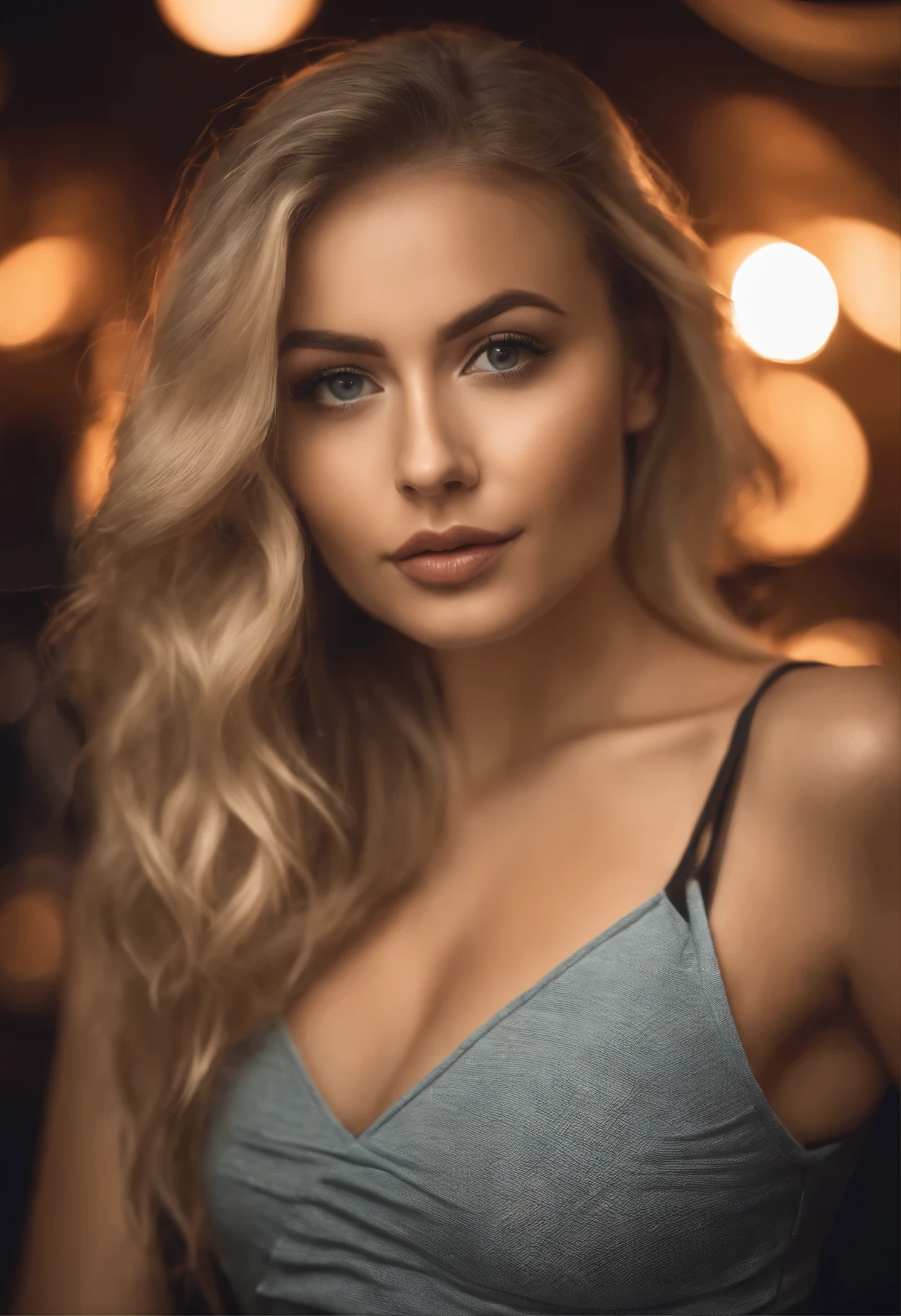 blonde woman with matching tank top and skirt posing at a night club, fille sexy aux yeux bleus, Portrait Sophie Mudd, blur background, best quality, 1girl, Portrait de Corinna Kopf, cheveux blonds et grands yeux, selfie of a young woman, ohne Maquillage, maquillage naturel, Look directly into the camera, Visage avec Artgram, dezentes Maquillage, Superbe photo du corps entier, dans la chambre, Gros seins, Blonde, latina
