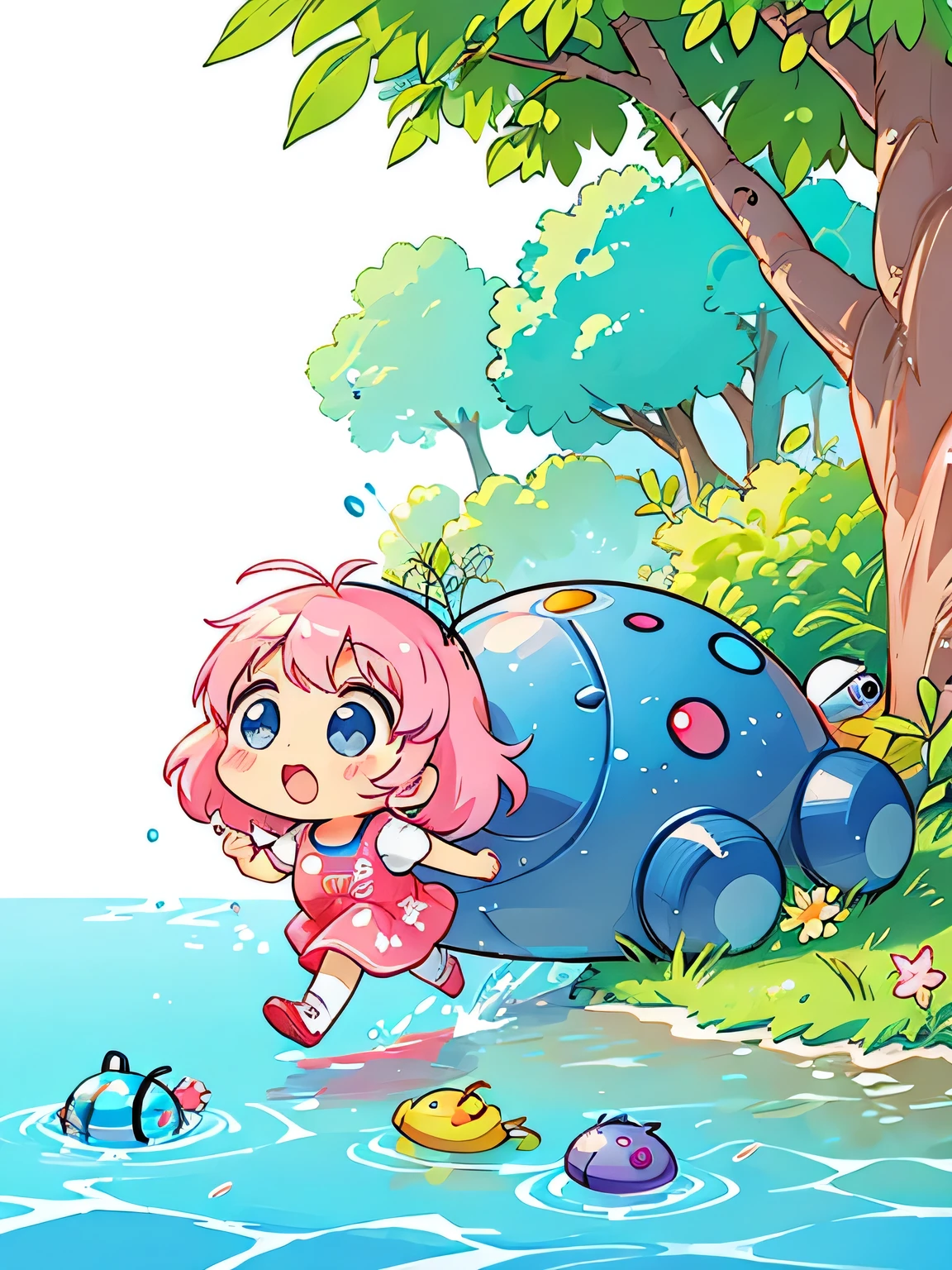 Momoko Sakura style, Kawaii Design, Chibi, Running together、Lots of friendy friend is a pillbug、lovely colorful pillbug、(((Pepsi)))、Playing in the water naked