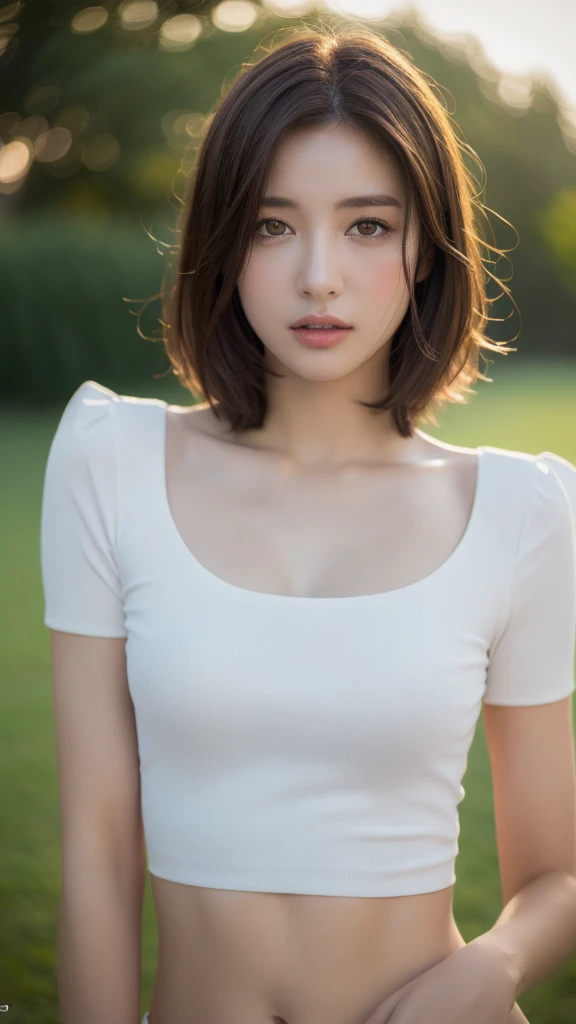 ((Realistic lighting, best quality, 8k, masterpiece: 1.3)), Be focused: 1.2, 1 Girl, perfect beauty: 1.4, Slim abdominal muscles: 1.1, ((Dark brown hair)), (White short top: 1.4), (outdoor, night: 1.1), Park View, Super delicate face, Beautiful eyes, Double eyelids,