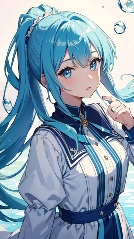 (masterpiece), (highest quality), (Super detailed),(Disheveled Hair),(figure), (One girl), (Fashionable clothes), Are standing, Fashion Model, View your viewers, (interview), (Simple Background),Beautiful fine details, Delicate and beautiful face, floating,(High saturation),(Colorful splashes),Colorful bubbles,(The Shining), Focus on the face, ponytail, kamisato ayaka, Light blue hair, bangs, Hair Ring, Floating Flowers, Floating hair, (The Shining), Best lighting, Best Shadow,