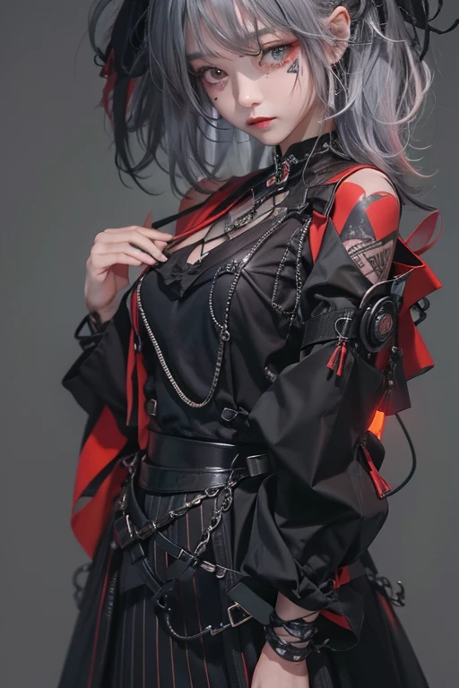 top-quality、8K、masterpiece:1.3、Gothic punk、Red inner color、A grey dark-haired、hair adornments、a beauty girl、creative、punk style、Neogos、Goth Fashion:0.8、hight resolution、masterpiece、top-quality、headw:1.3、((Hasselblad photo))、Fine-grained skin、Sharp Focus、(lighting like a movie)、shirt, shoulder out, modest chest together