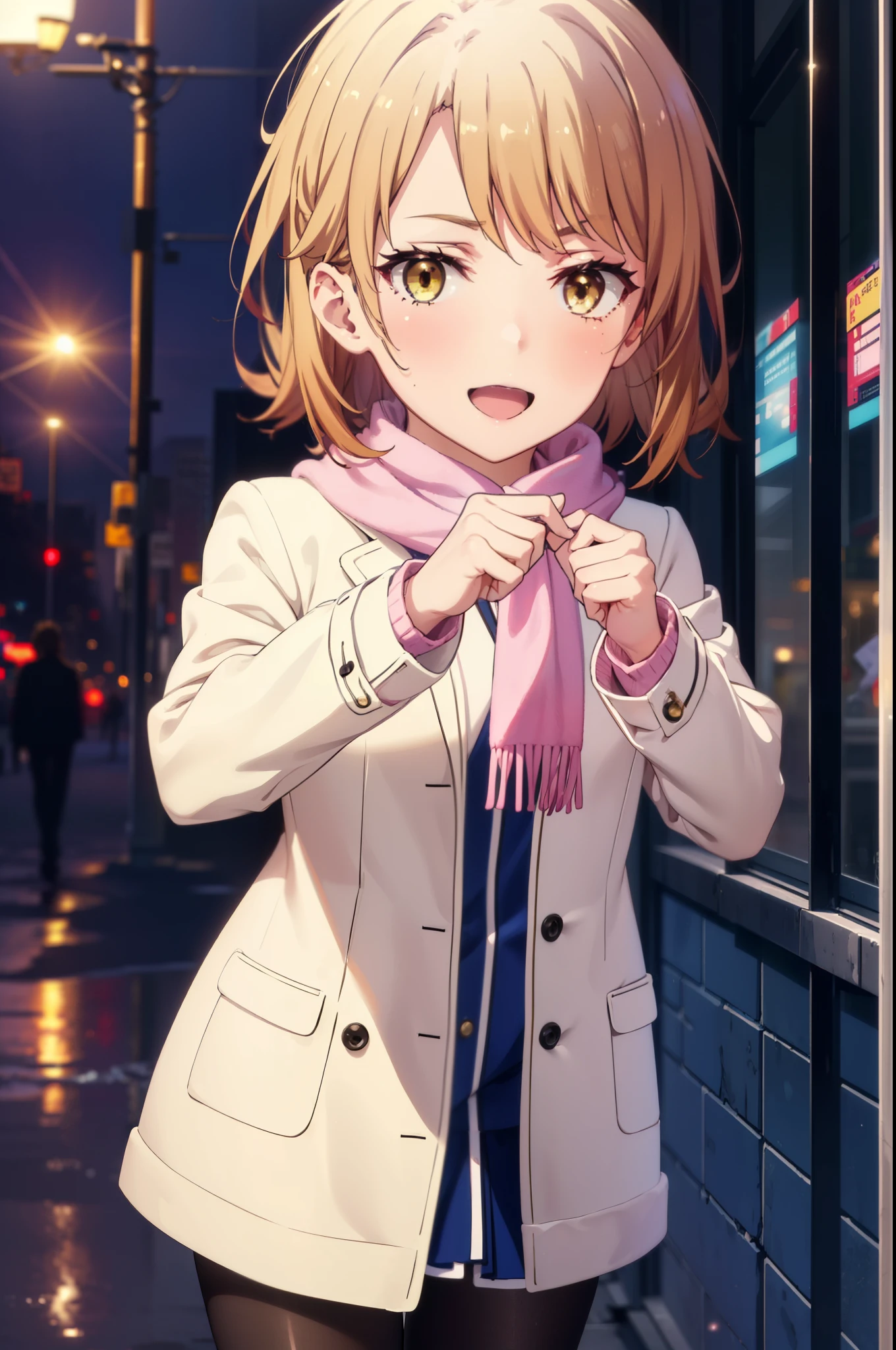 irohaisshiki, Iroha Isshiki, short hair, Brown Hair, (Brown eyes:1.5), blush,White Breath,happy smile, smile, Open your mouth,Pink coat,White scarf tokkuri sweater,Black pantyhose,Mini Boots,moon,It's snowing,Snow is falling,night,寒空
break ourdoors, In town,
break looking at viewer,(Cowboy Shot:1. 5)
break (masterpiece:1.2), highest quality, High resolution, unity 8k wallpaper, (figure:0.8), (Beautiful fine details:1.6), Highly detailed face, Perfect lighting, Highly detailed CG, (Perfect hands, Perfect ???????),