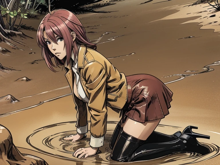 An anime woman with colored hair, defenceless, helpless,leather jacket, skirt, stockings, heels, kneels in quicksand. she desperately lowers herself onto her back into quicksand while simulates intercourse