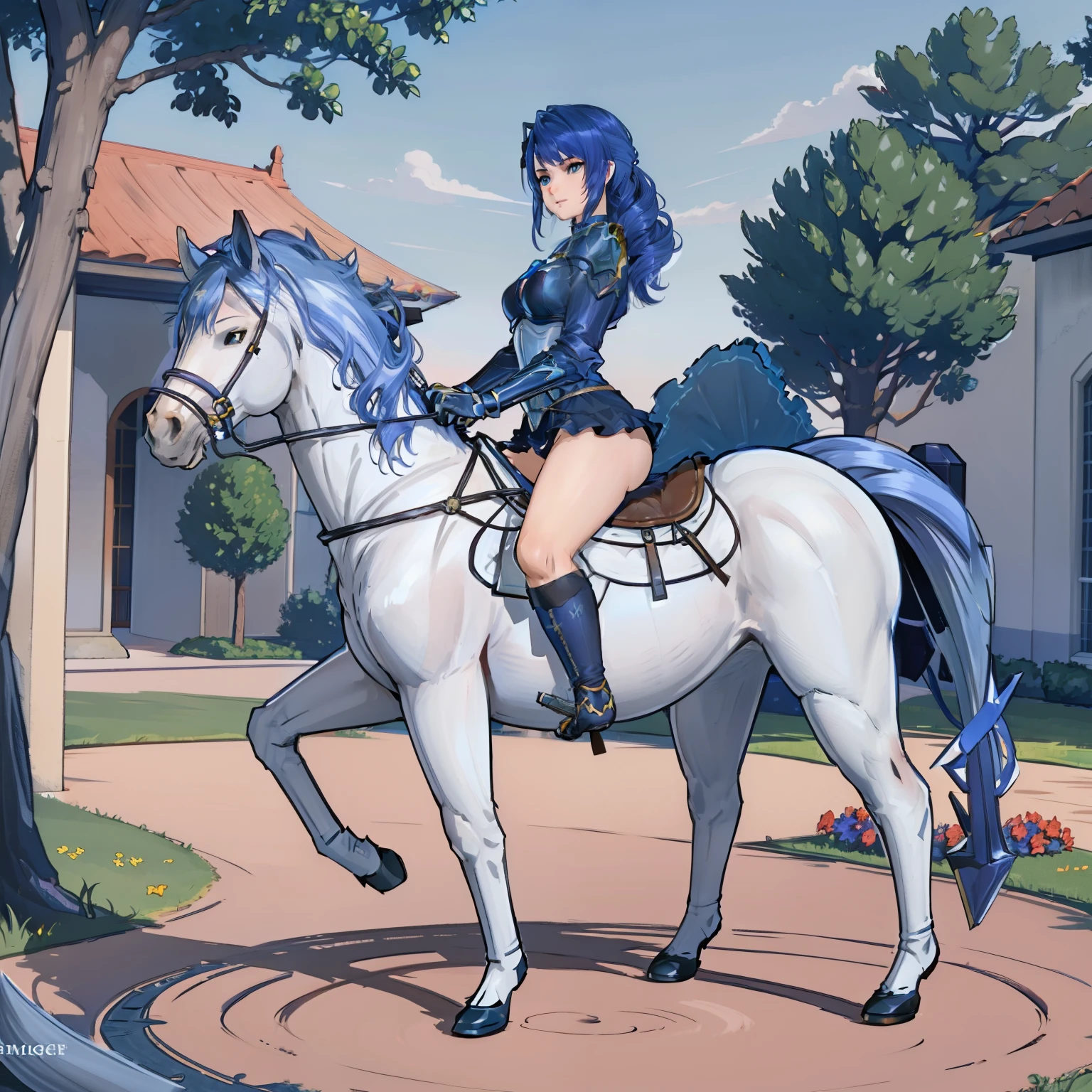 ((best quality)), ((anime masterpiece)), (detailed), 8k, perfect face, female knight, from side, long hair, female knight, (blue armor, blue miniskirt, blue boots), horseback riding, horse riding, solo, (white horse, saddle, stirups, reins: 1.5), walking: 1.5, forest, scenery, from side: 1.5, anatomically correct, trails