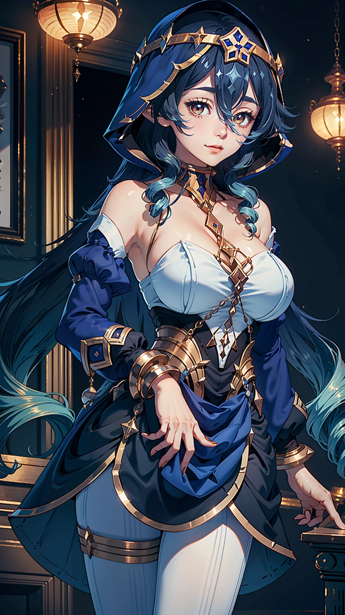 cleavage,Masterpiece, ultra detailed, high quality, 8k cg, big breasts, layladef, night, blush, smile, bright eyes, standing, (eyes shining:1.5), detailed
