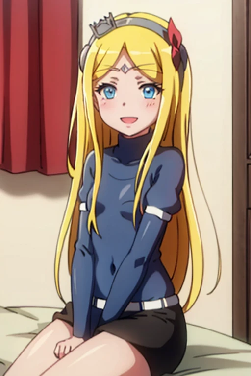 ((highest quality)), ((masterpiece)), (be familiar with), Perfect Face, indoor, Bedroom, Watching the audience,
One woman, Lana Thielle Chardron Lyle Weisself,
Open Mouth, Ecstatic expression, blush, smile,
Small breasts, Flat Chest, Young Girl, , , Girl,
Long Hair, Golden Hair, Light blue eyes, Long Hair,
Gym suit, White short sleeves, Black shorts, Leg spread,