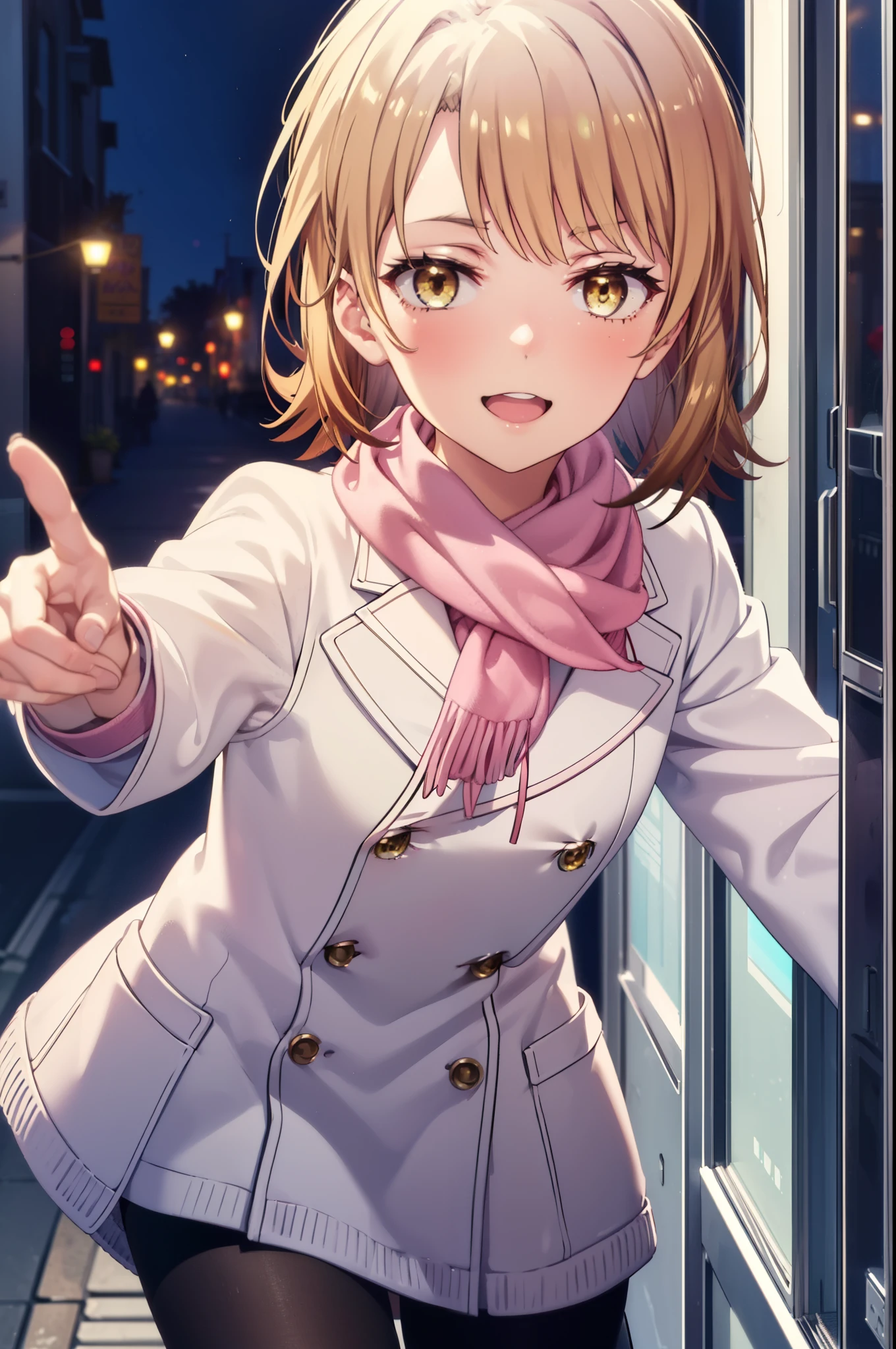 irohaisshiki, Iroha Isshiki, short hair, Brown Hair, (Brown eyes:1.5), blush,White Breath,happy smile, smile, Open your mouth,Pink coat,White scarf tokkuri sweater,Black pantyhose,Mini Boots,moon,It's snowing,Snow is falling,night,寒空
break ourdoors, In town,
break looking at viewer,(Cowboy Shot:1. 5)
break (masterpiece:1.2), highest quality, High resolution, unity 8k wallpaper, (figure:0.8), (Beautiful fine details:1.6), Highly detailed face, Perfect lighting, Highly detailed CG, (Perfect hands, Perfect Anatomy),