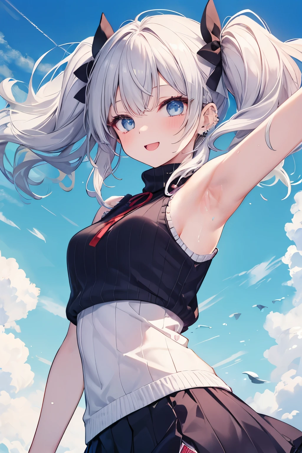 Silver-haired blue eyes、 girl、Twin tails、Laughter、Nico Nico Smile、Wink、 girl、Looks about 15 years old、Petan Musume、short、There are highlights in the eyes、Gal-like appearance、Wearing piercings、Knit sweater, sleeveless, body line, underarm、mini skirt、The wind is blowing and my panties are showing through my skirt、It was so hot that I sweated、blue sky、Light and cute、Show your armpits、Side view